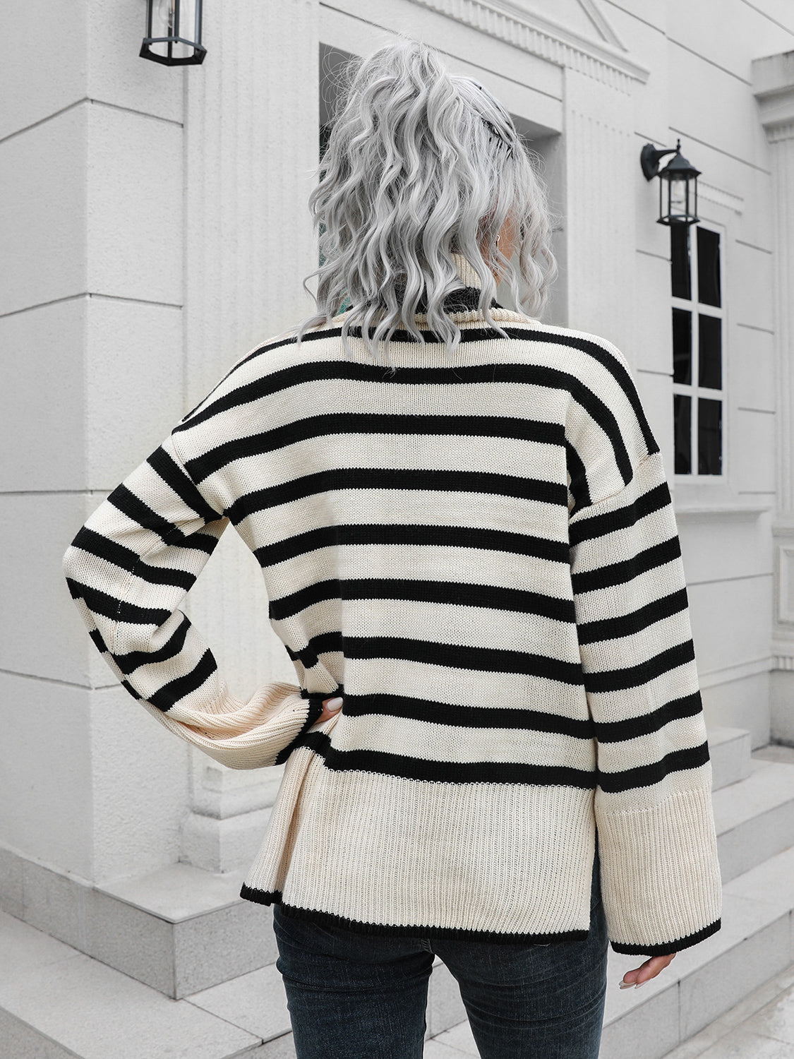 Striped Slit Turtleneck Drop Shoulder Sweater - The Boutie Shop
