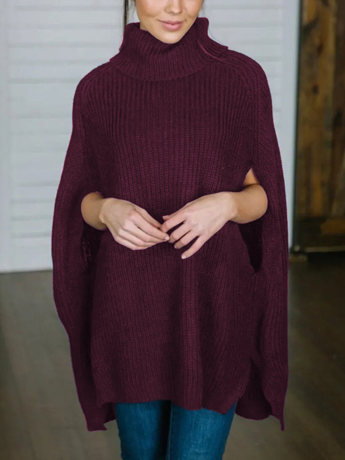 Turtleneck Slit Sweater - The Boutie Shop