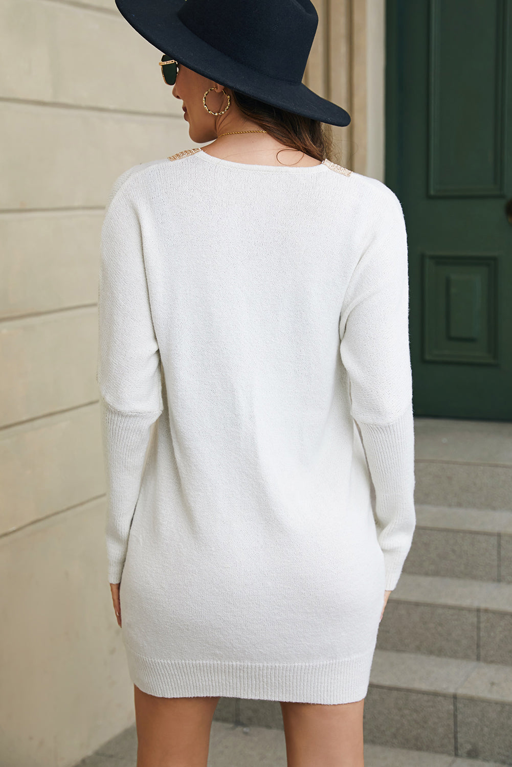 V-Neck Long Sleeve Mini Sweater Dress - The Boutie Shop