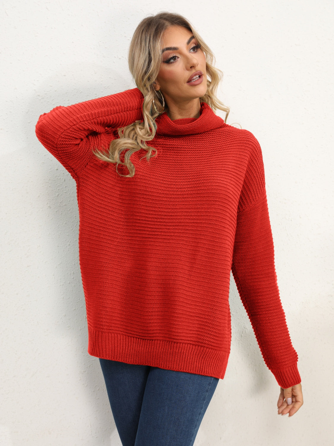 Slit Turtleneck Dropped Shoulder Sweater - The Boutie Shop