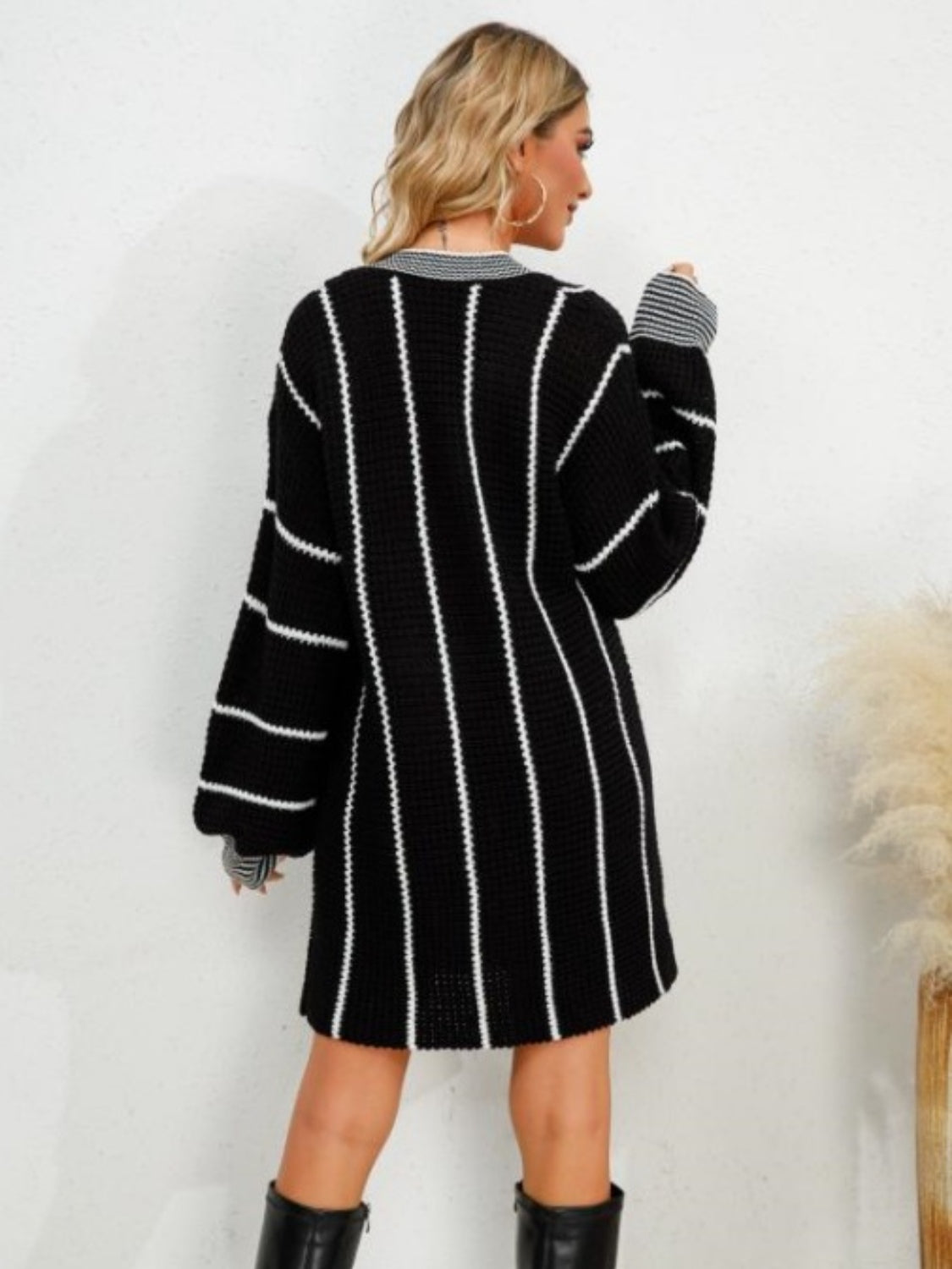 Striped V-Neck Long Sleeve Mini Dress - The Boutie Shop