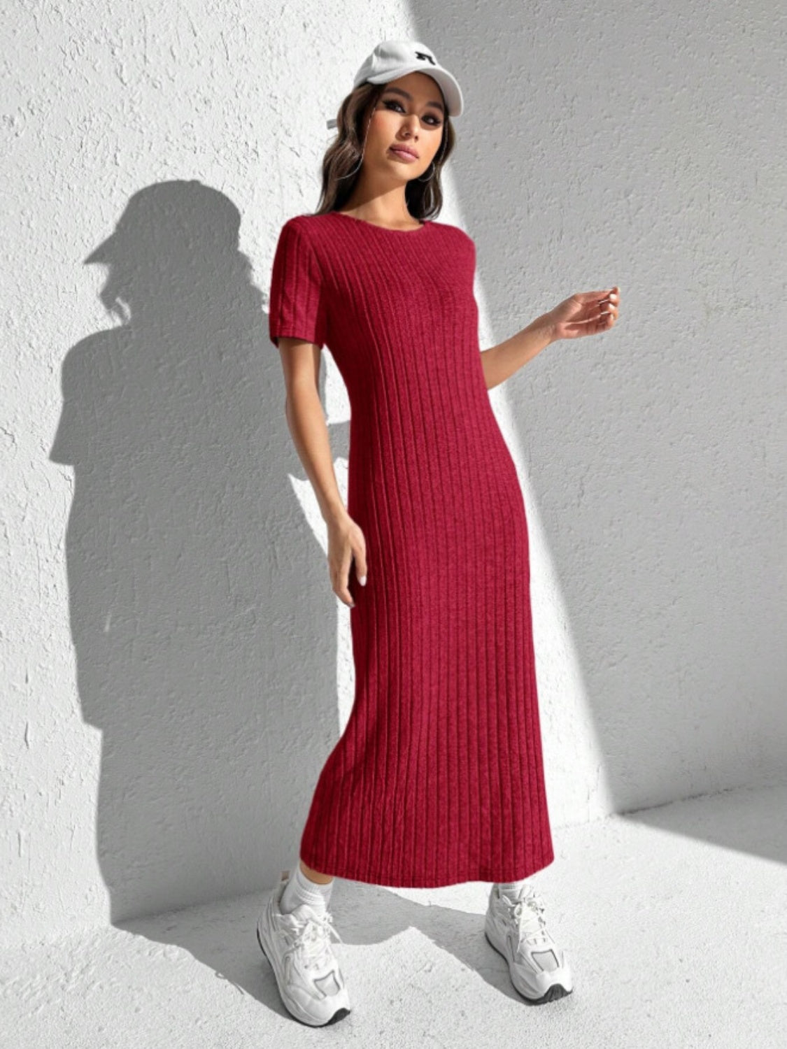 Slit Round Neck Short Sleeve Sweater Dress - The Boutie Shop