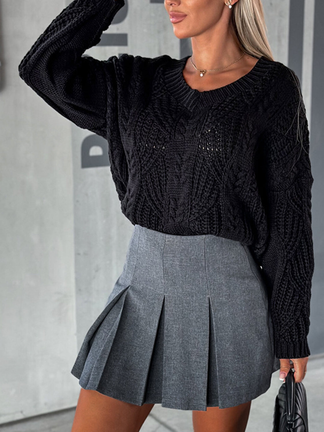 V-Neck Cable-Knit Long Sleeve Sweater - The Boutie Shop