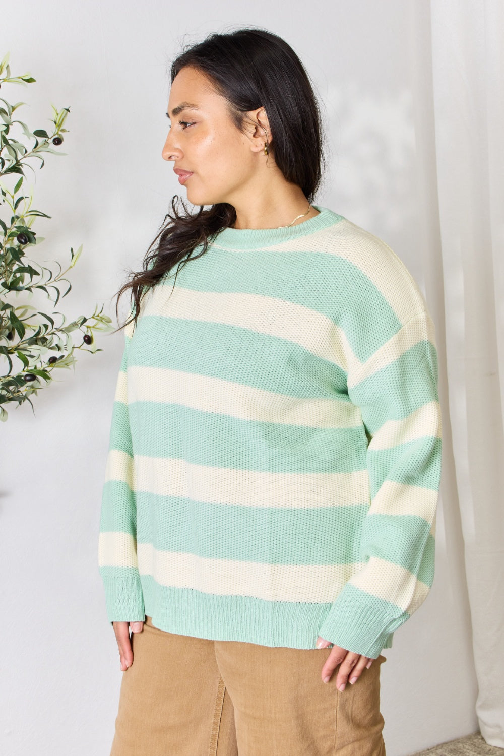 Sew In Love Full Size Contrast Striped Round Neck Sweater - The Boutie Shop