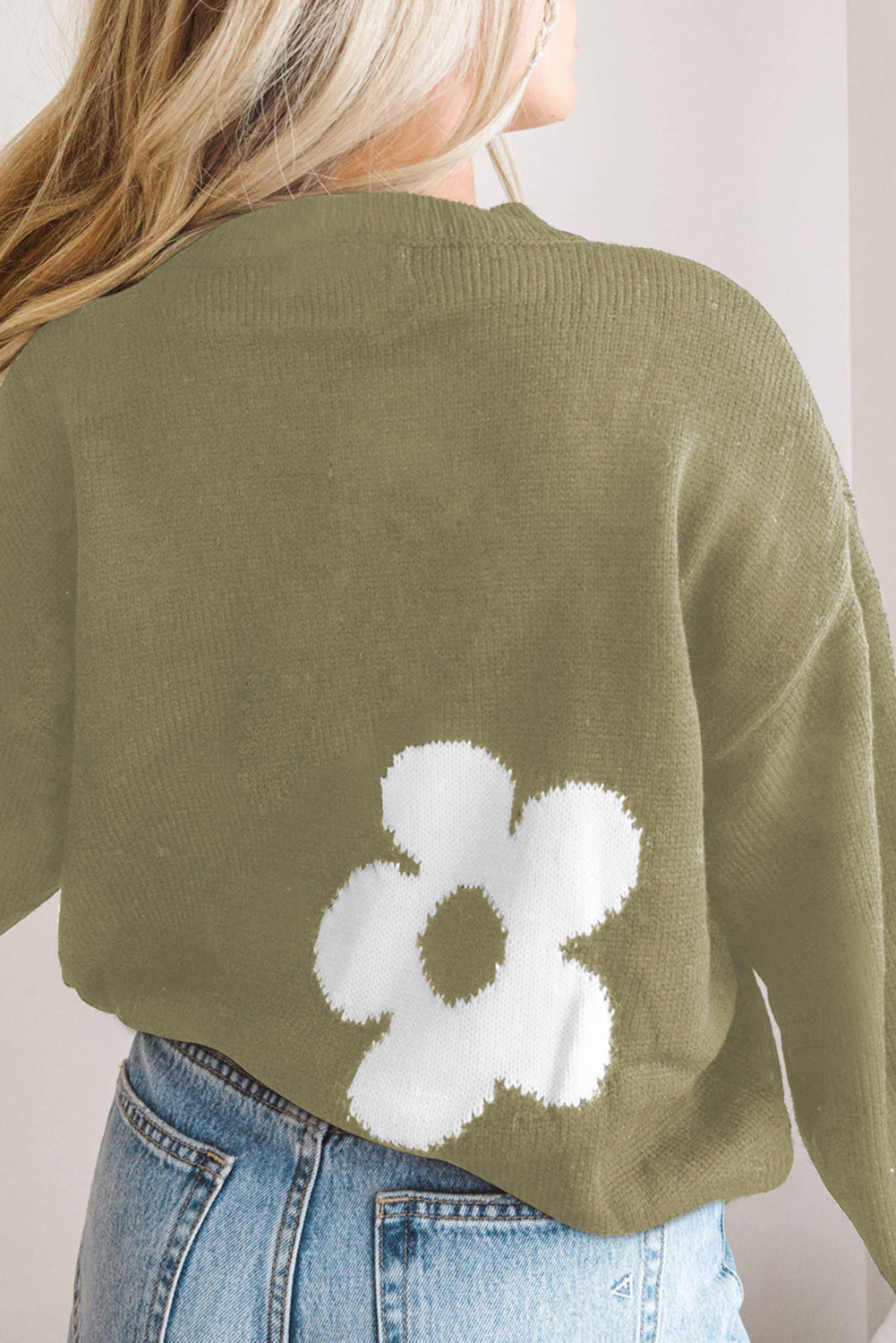 Round Neck Floral Pattern Color Contrast Design Long Sleeve Sweater - The Boutie Shop