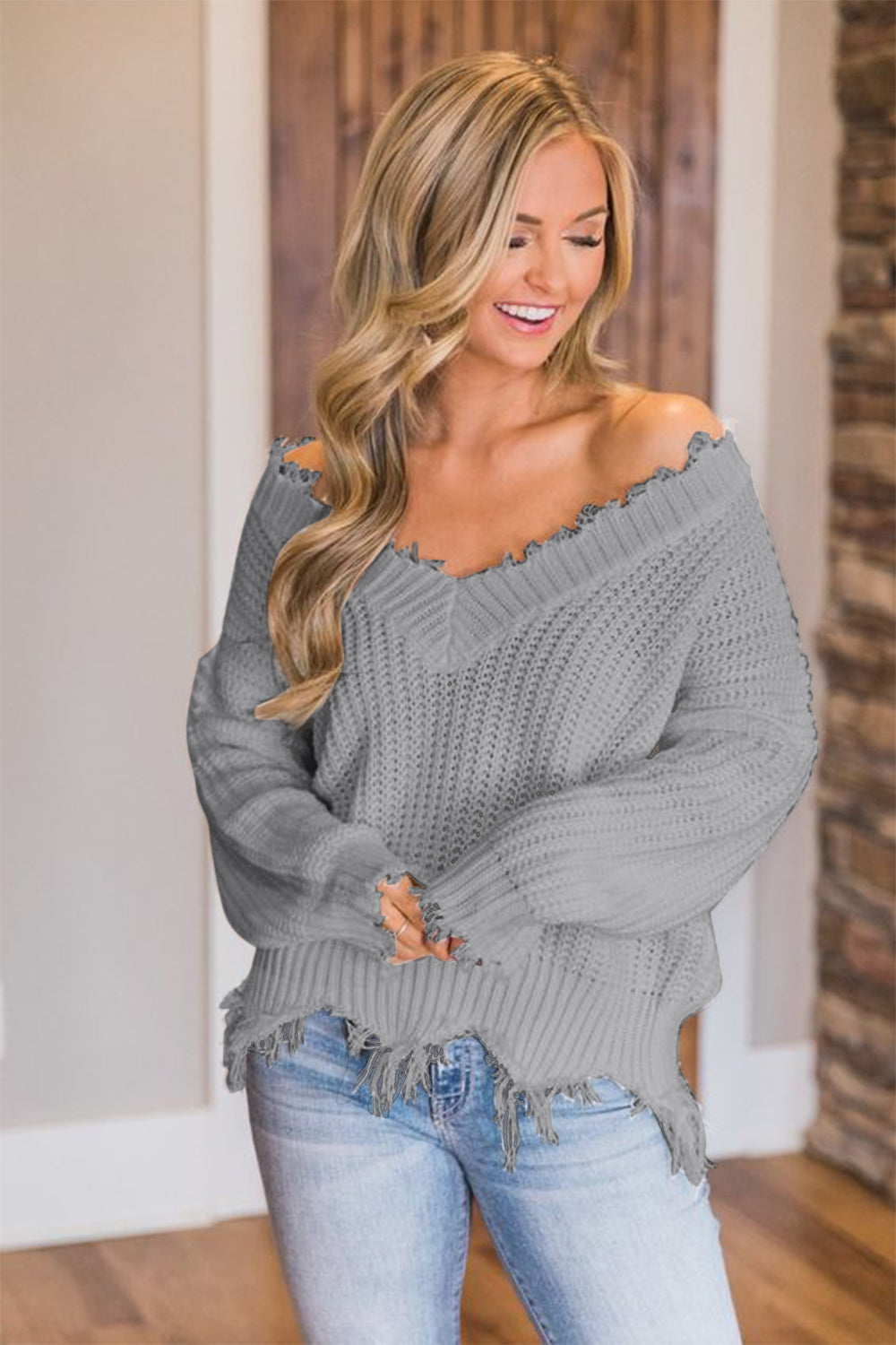 Frayed Hem Dropped Shoulder Sweater - The Boutie Shop