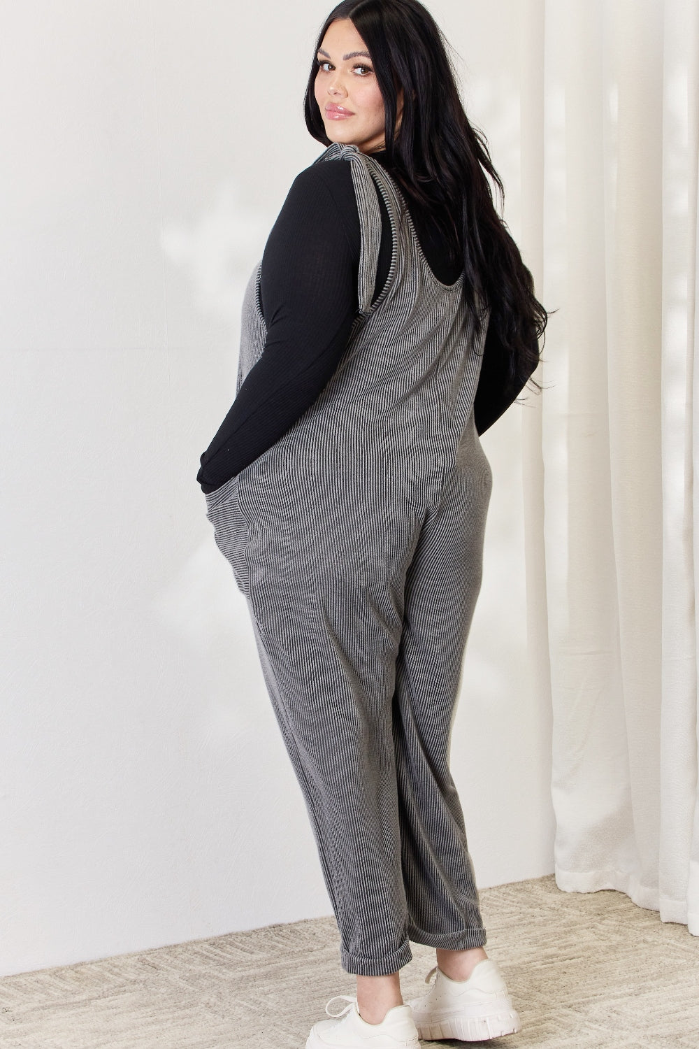 Celeste Full Size Ribbed Tie Shoulder Sleeveless Ankle Overalls - The Boutie Shop