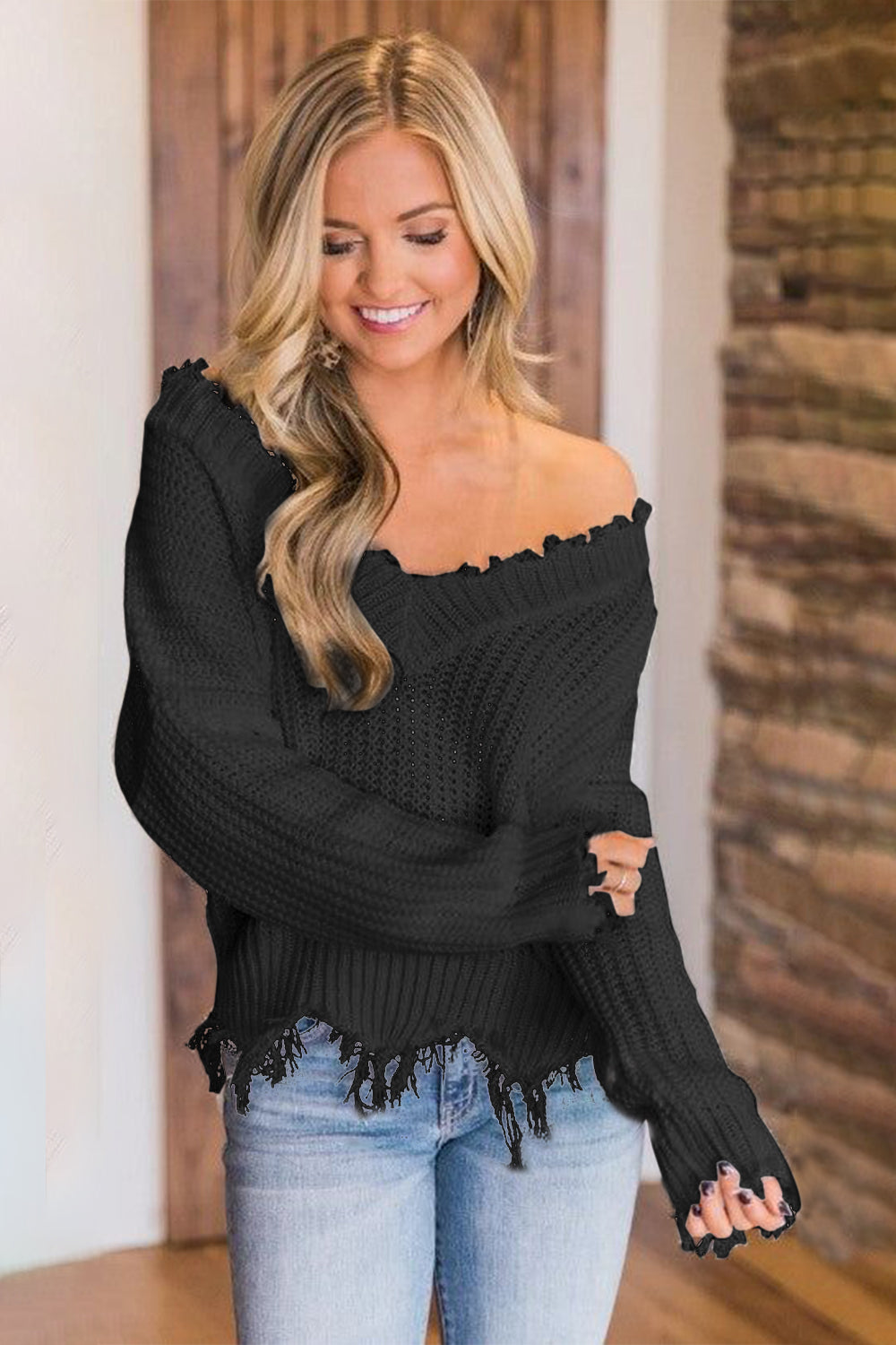 Frayed Hem Dropped Shoulder Sweater - The Boutie Shop