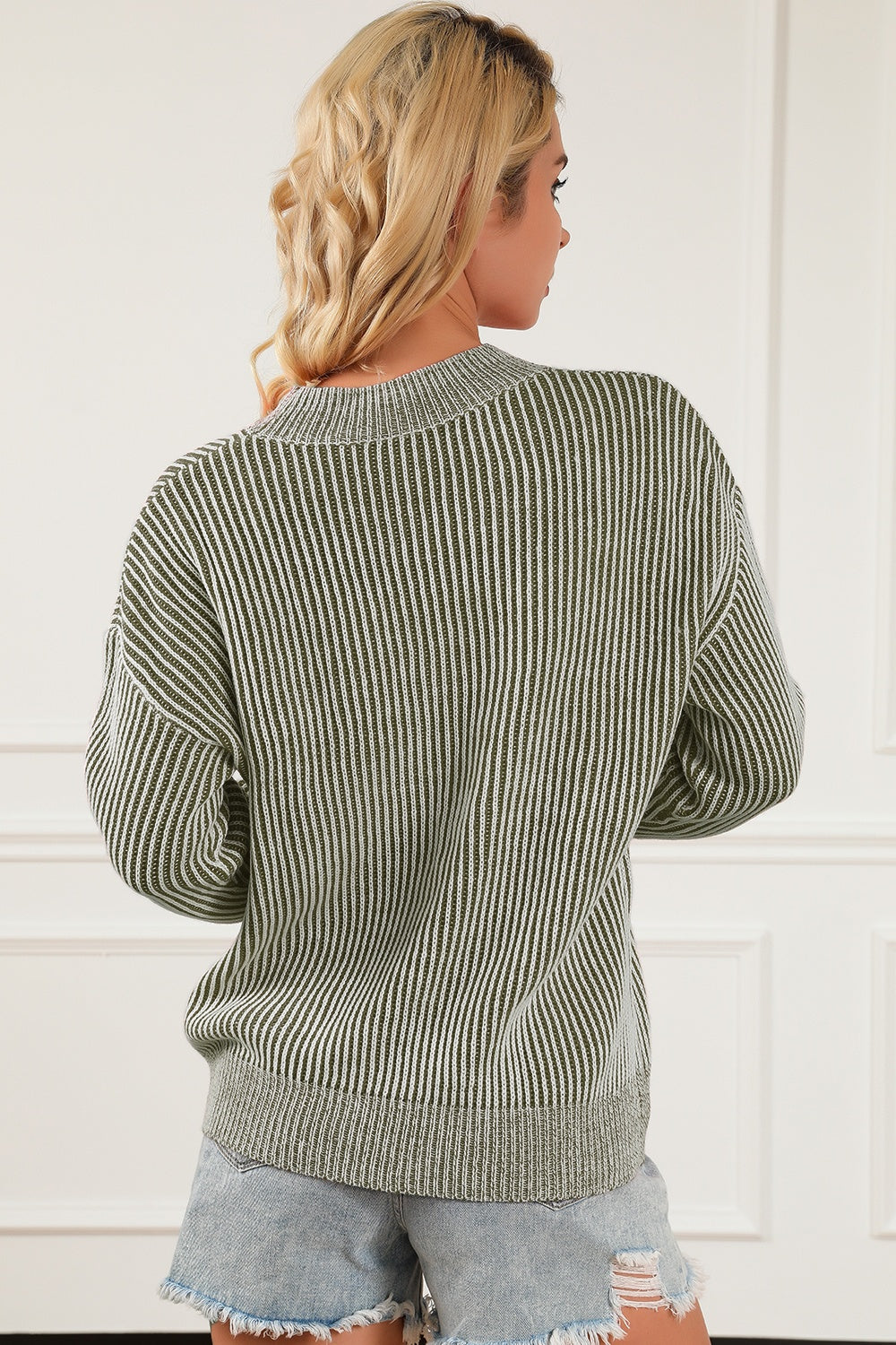 Striped Mock Neck Dropped Shoulder Sweater - The Boutie Shop