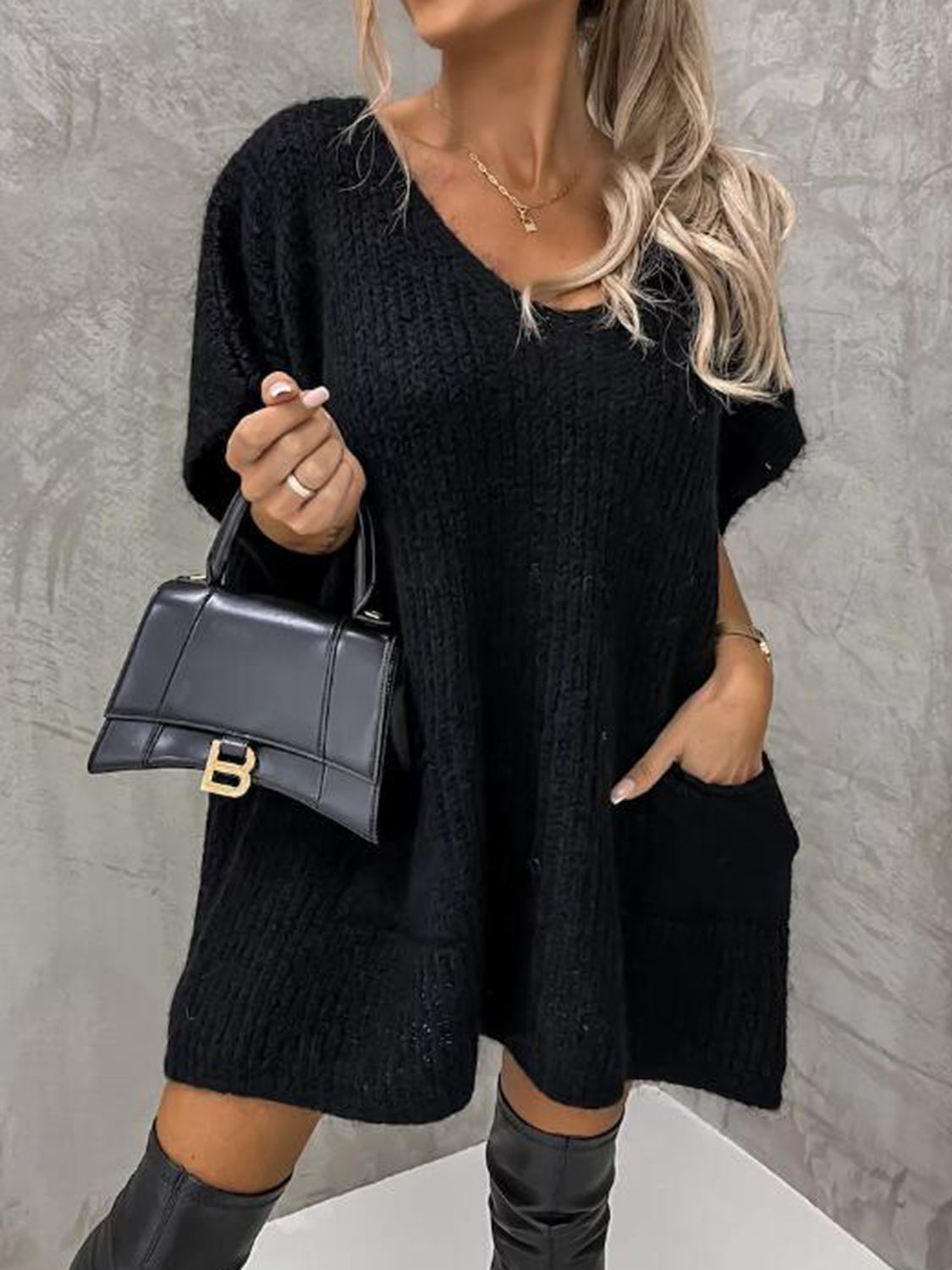 Short Sleeve Sweater Dress with Pockets - The Boutie Shop