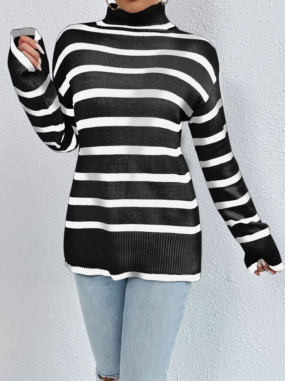 Striped Turtleneck Long Sleeve Sweater - The Boutie Shop