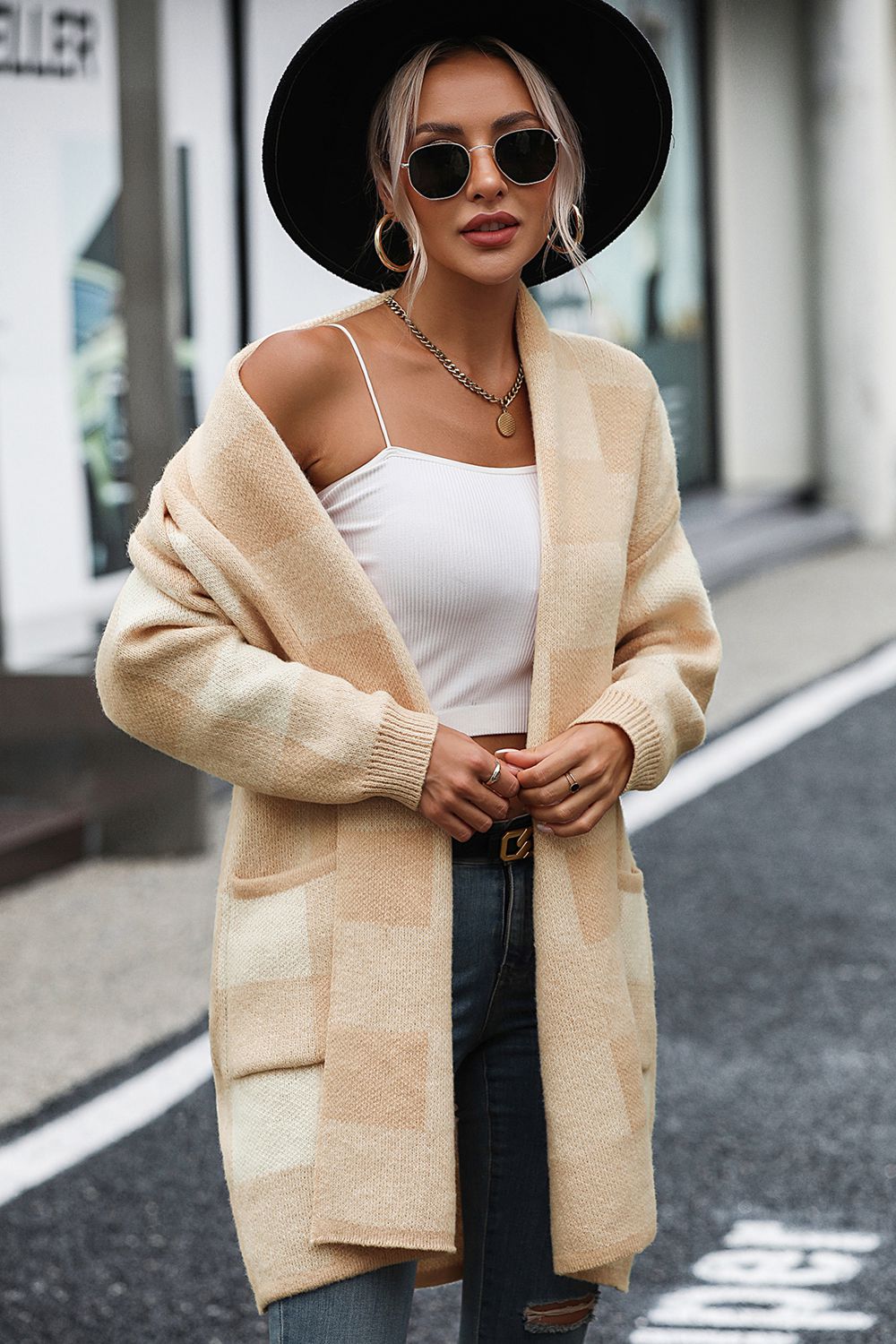 Plaid Dropped Shoulder Cardigan with Pocket - The Boutie Shop