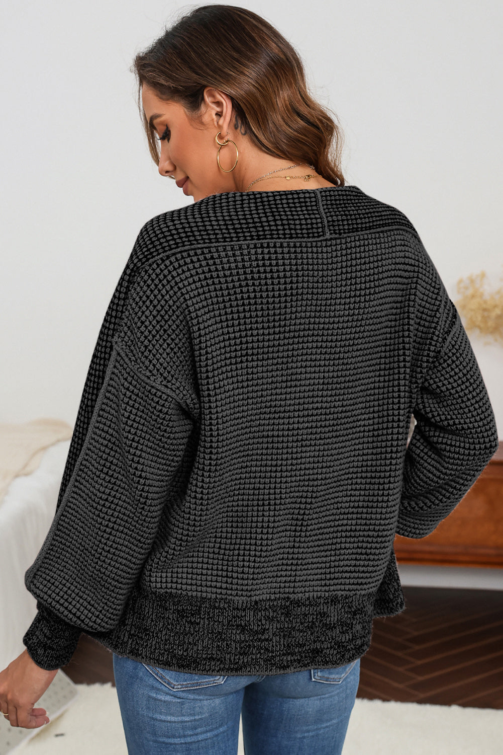 Waffle-knit Pocketed Open Front Cardigan - The Boutie Shop