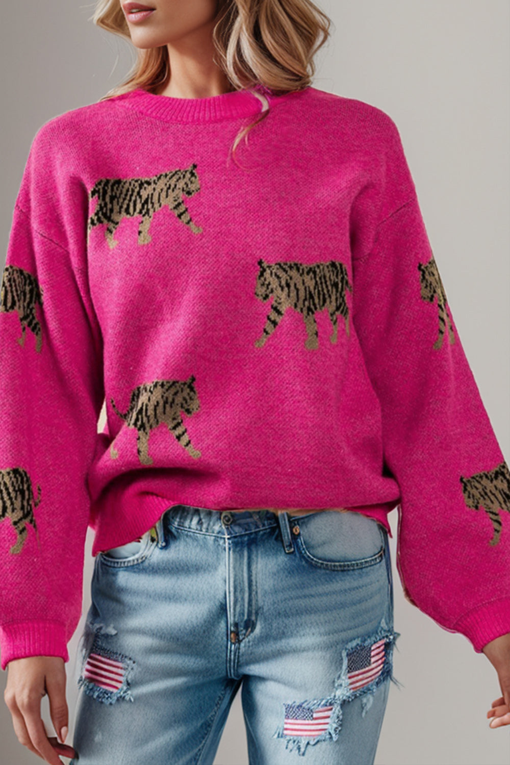 Tiger Pattern Round Neck Drop Shoulder Sweater - The Boutie Shop