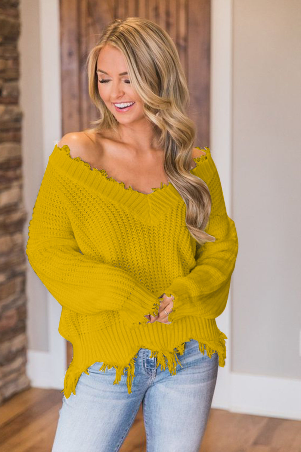 Frayed Hem Dropped Shoulder Sweater - The Boutie Shop
