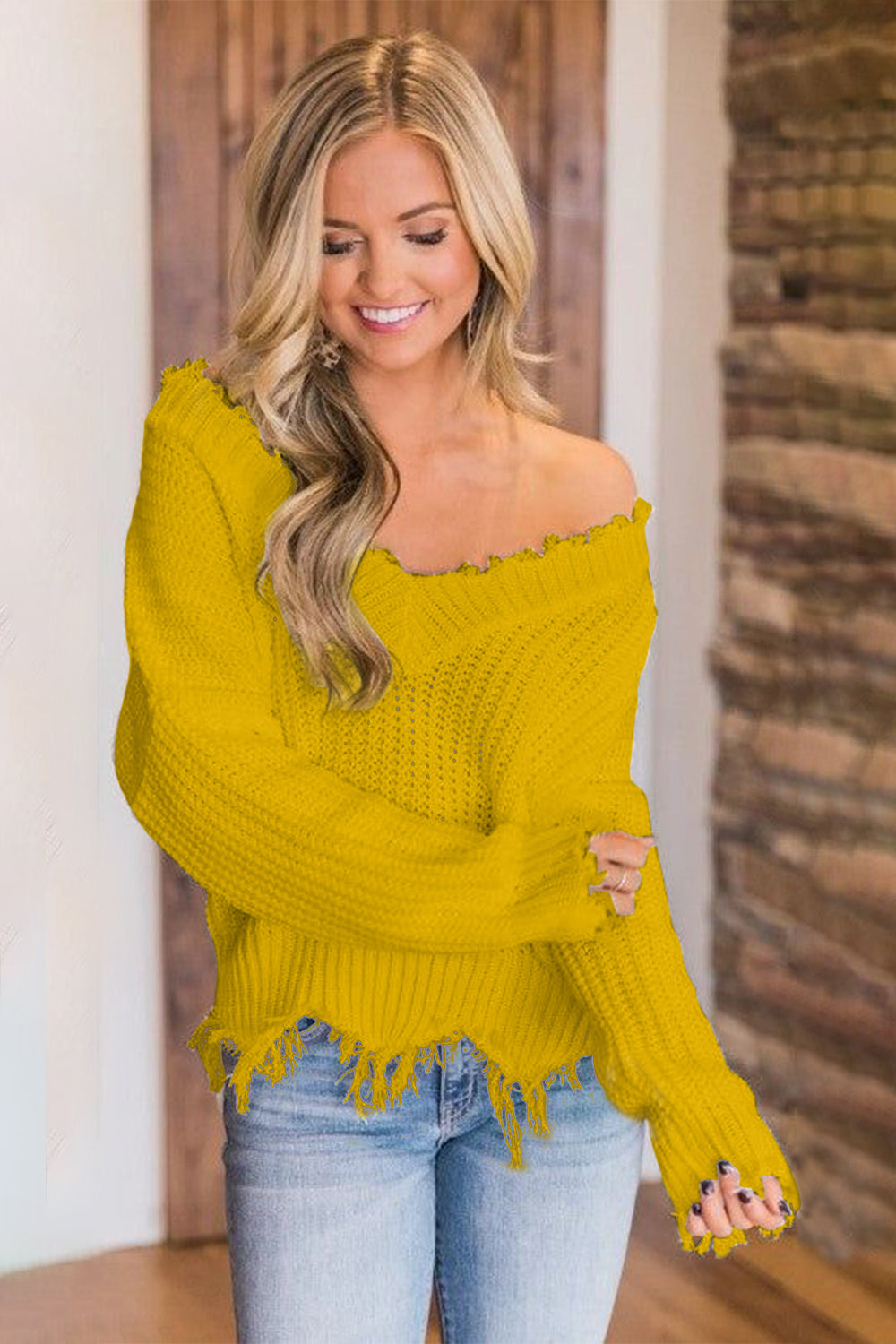 Frayed Hem Dropped Shoulder Sweater - The Boutie Shop