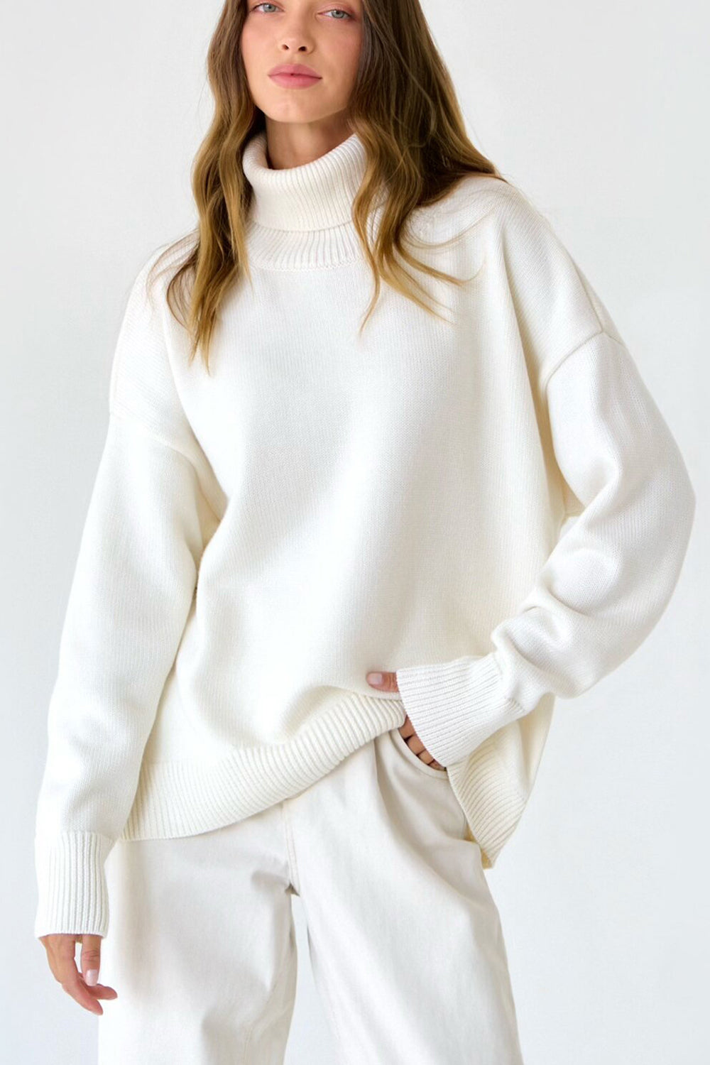 Turtle Neck Dropped Shoulder Sweater - The Boutie Shop
