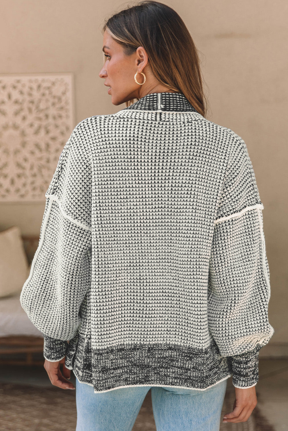 Waffle-knit Pocketed Open Front Cardigan - The Boutie Shop
