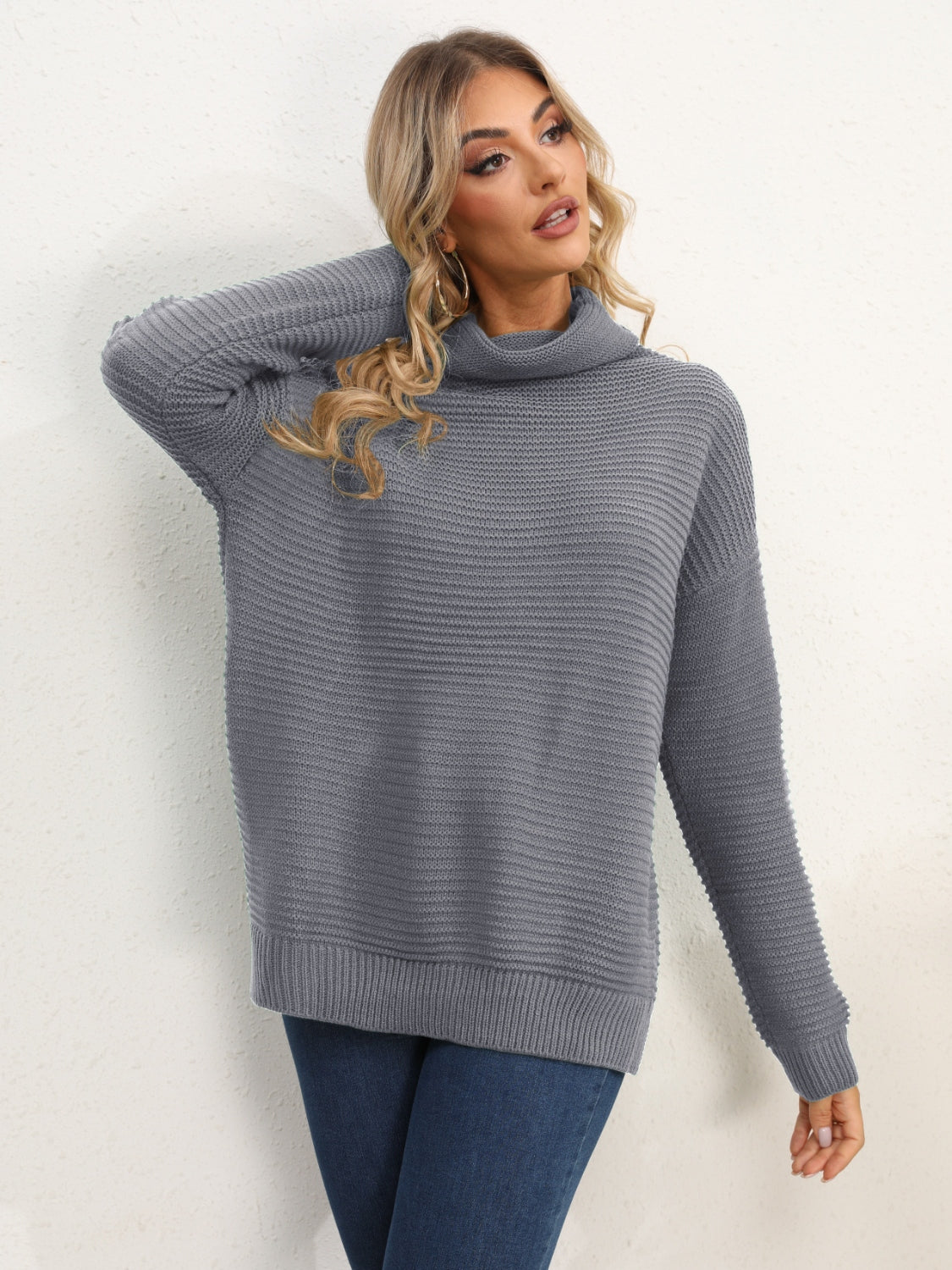 Slit Turtleneck Dropped Shoulder Sweater - The Boutie Shop