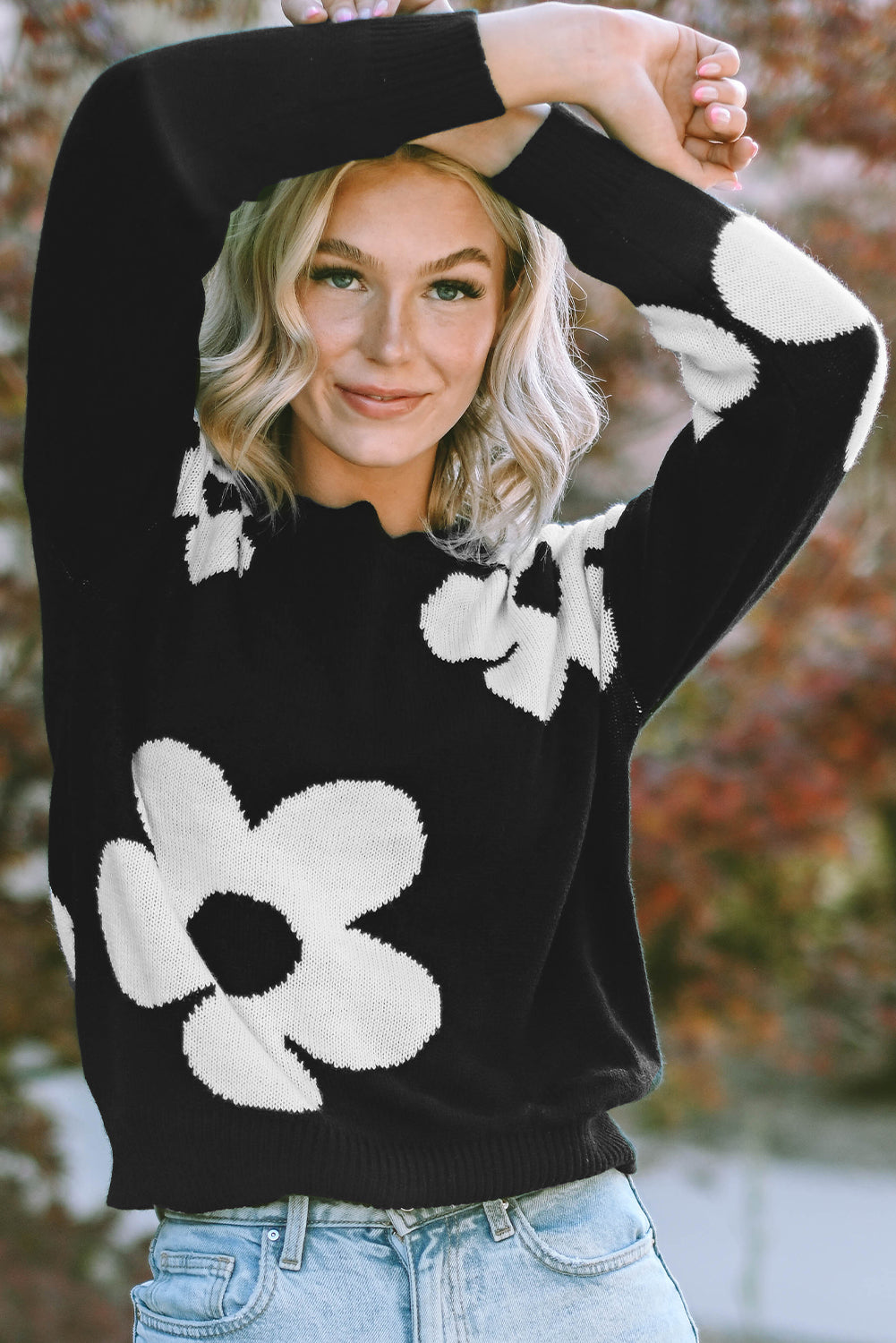 Round Neck Floral Pattern Color Contrast Design Long Sleeve Sweater - The Boutie Shop