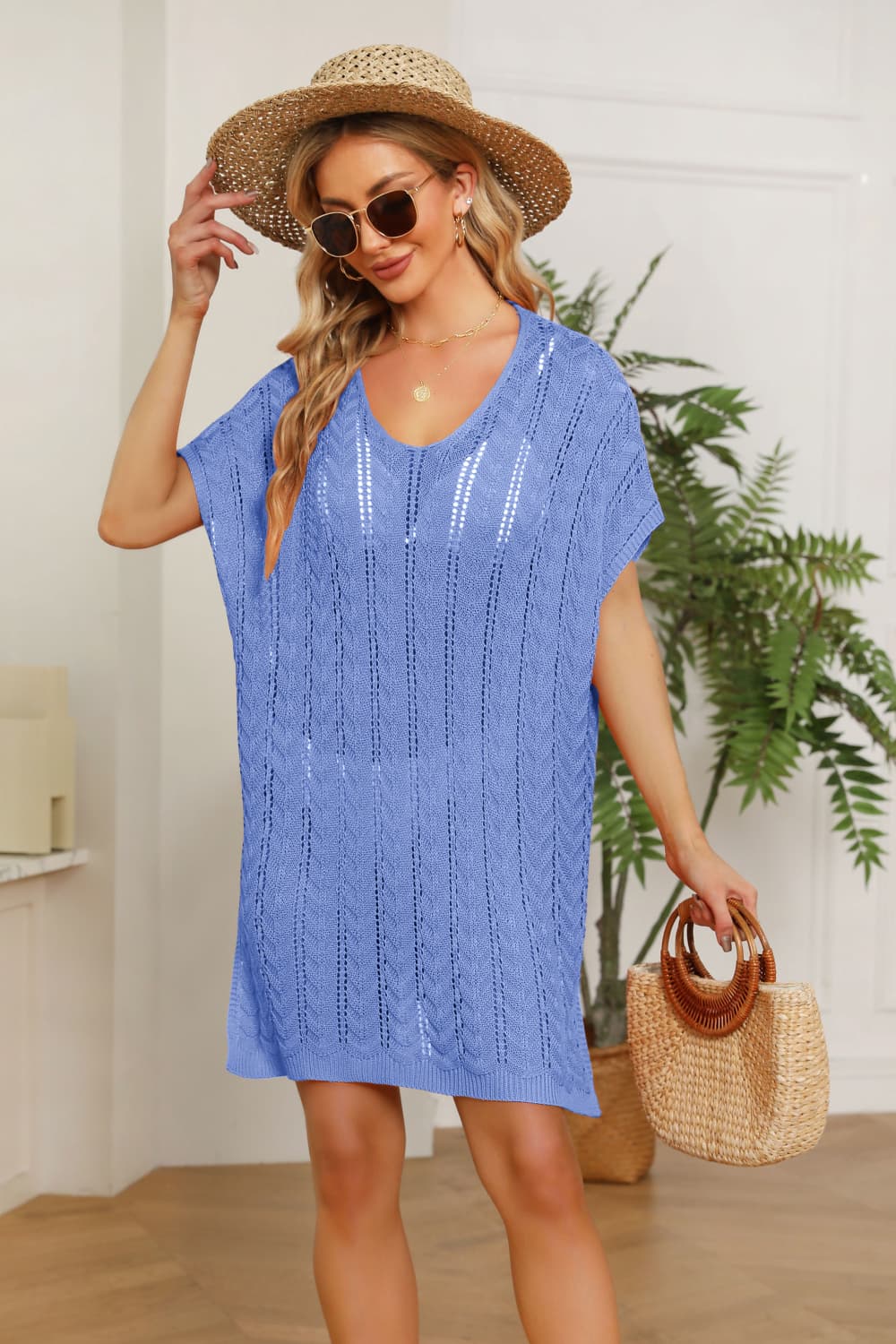 Openwork Side Slit Knit Dress - The Boutie Shop