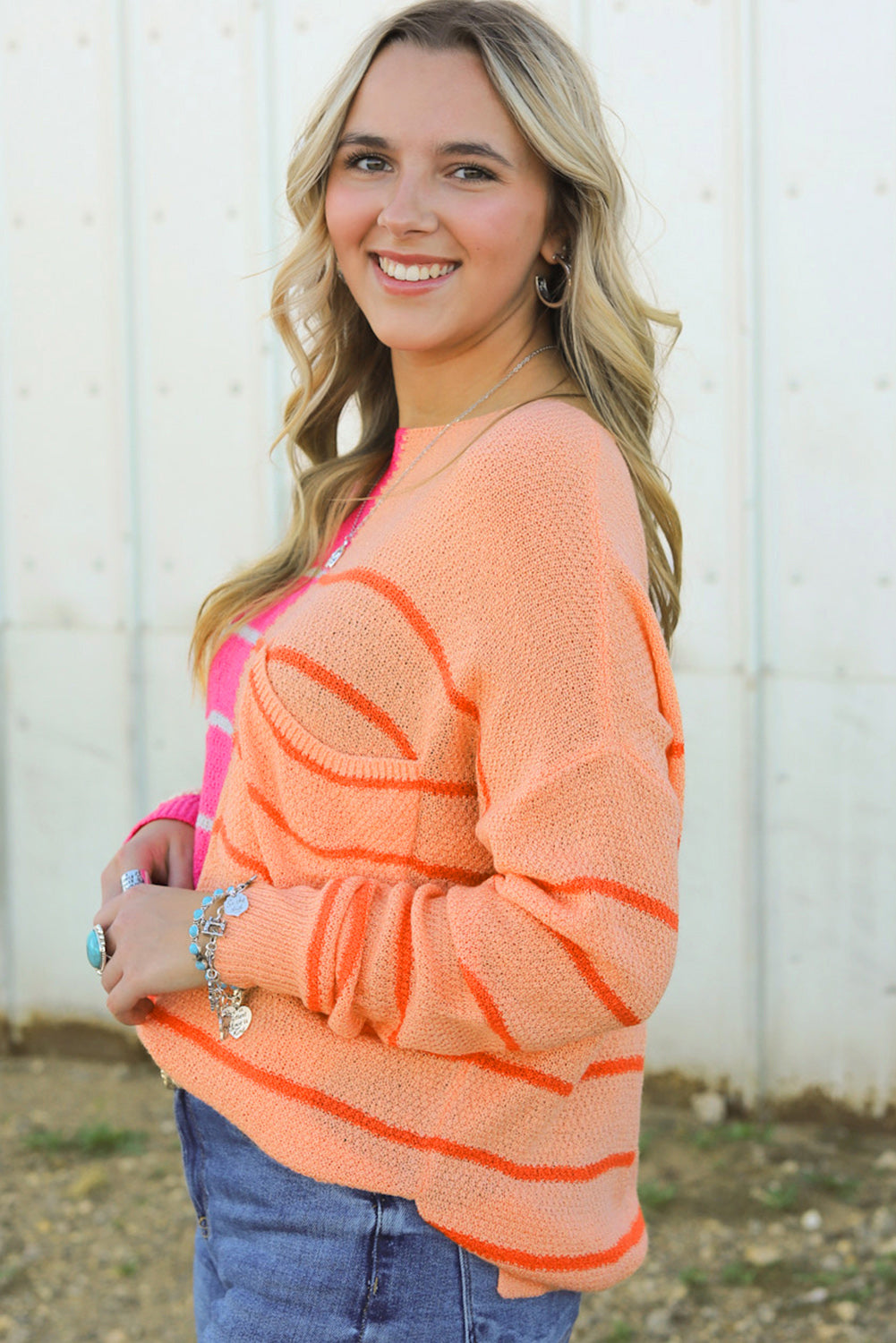 Striped Pocketed Dropper Shoulder Sweater - The Boutie Shop