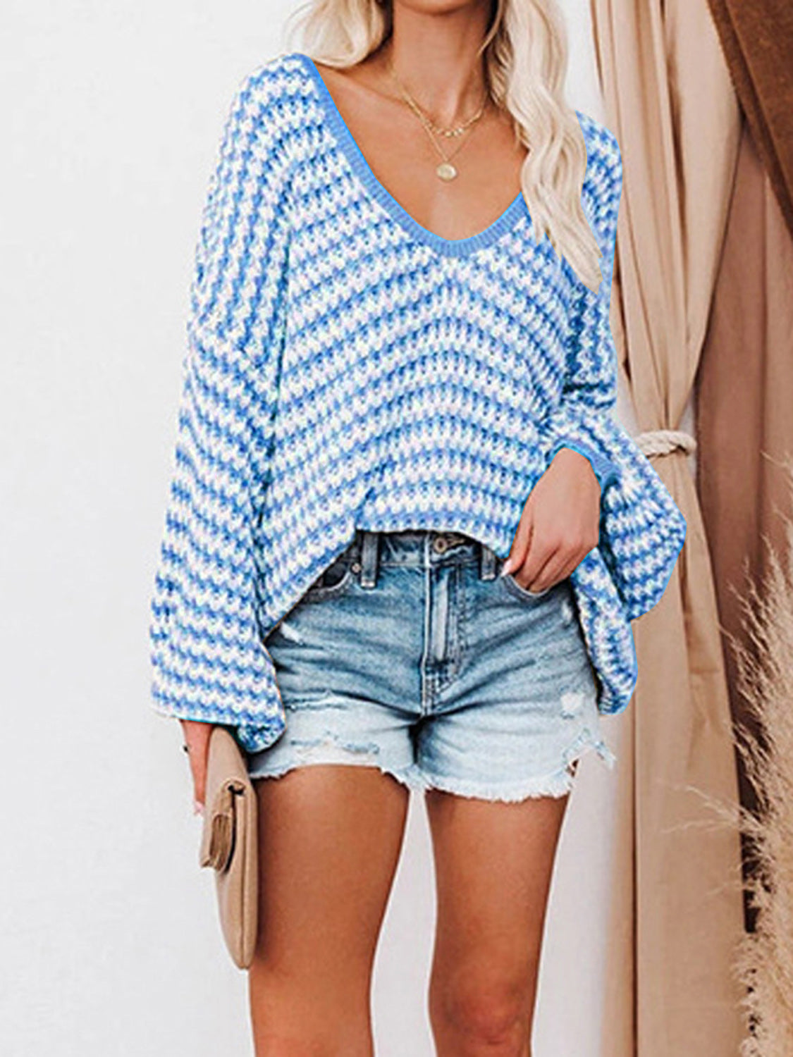 Striped Drop Shoulder V-Neck Sweater - The Boutie Shop