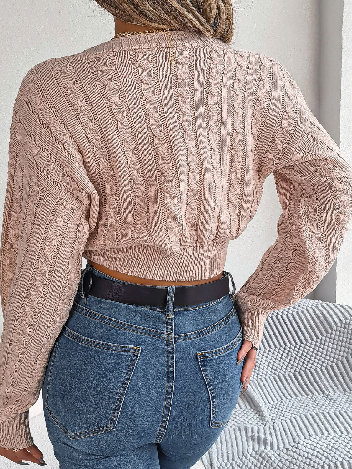 Twisted Cable-Knit V-Neck Sweater - The Boutie Shop