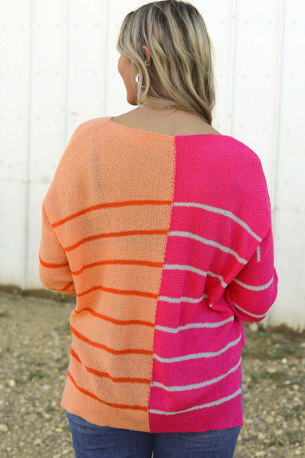 Striped Pocketed Dropper Shoulder Sweater - The Boutie Shop
