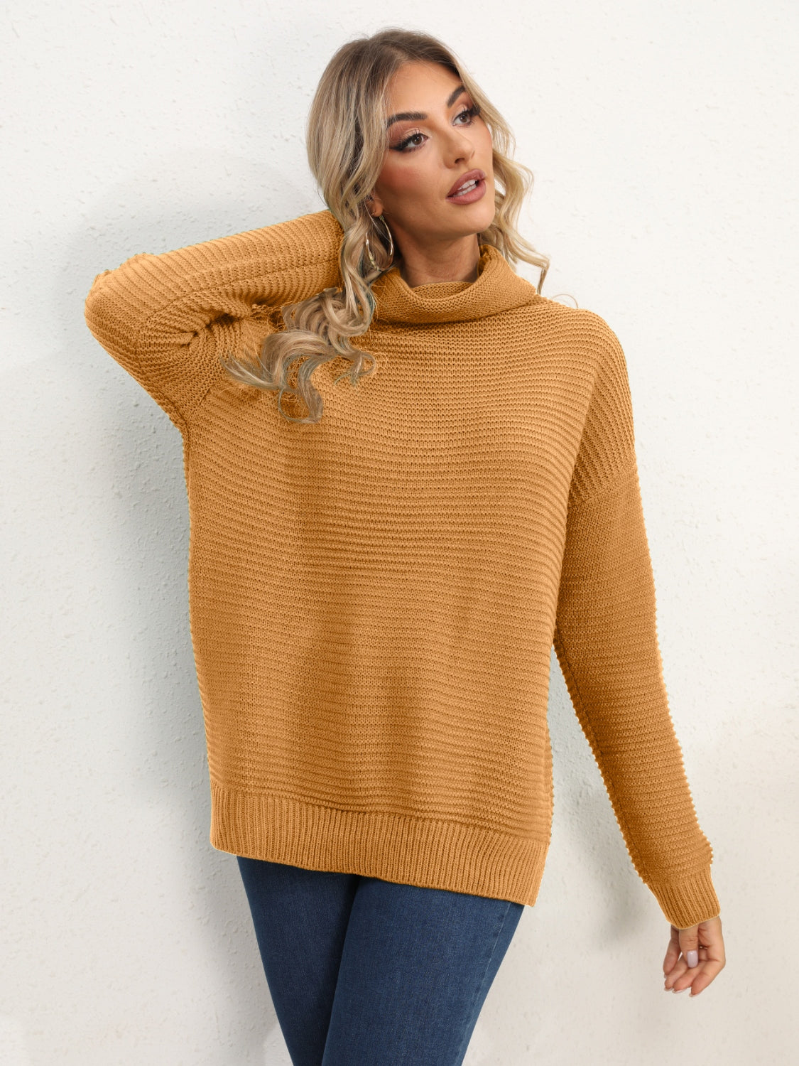 Slit Turtleneck Dropped Shoulder Sweater - The Boutie Shop