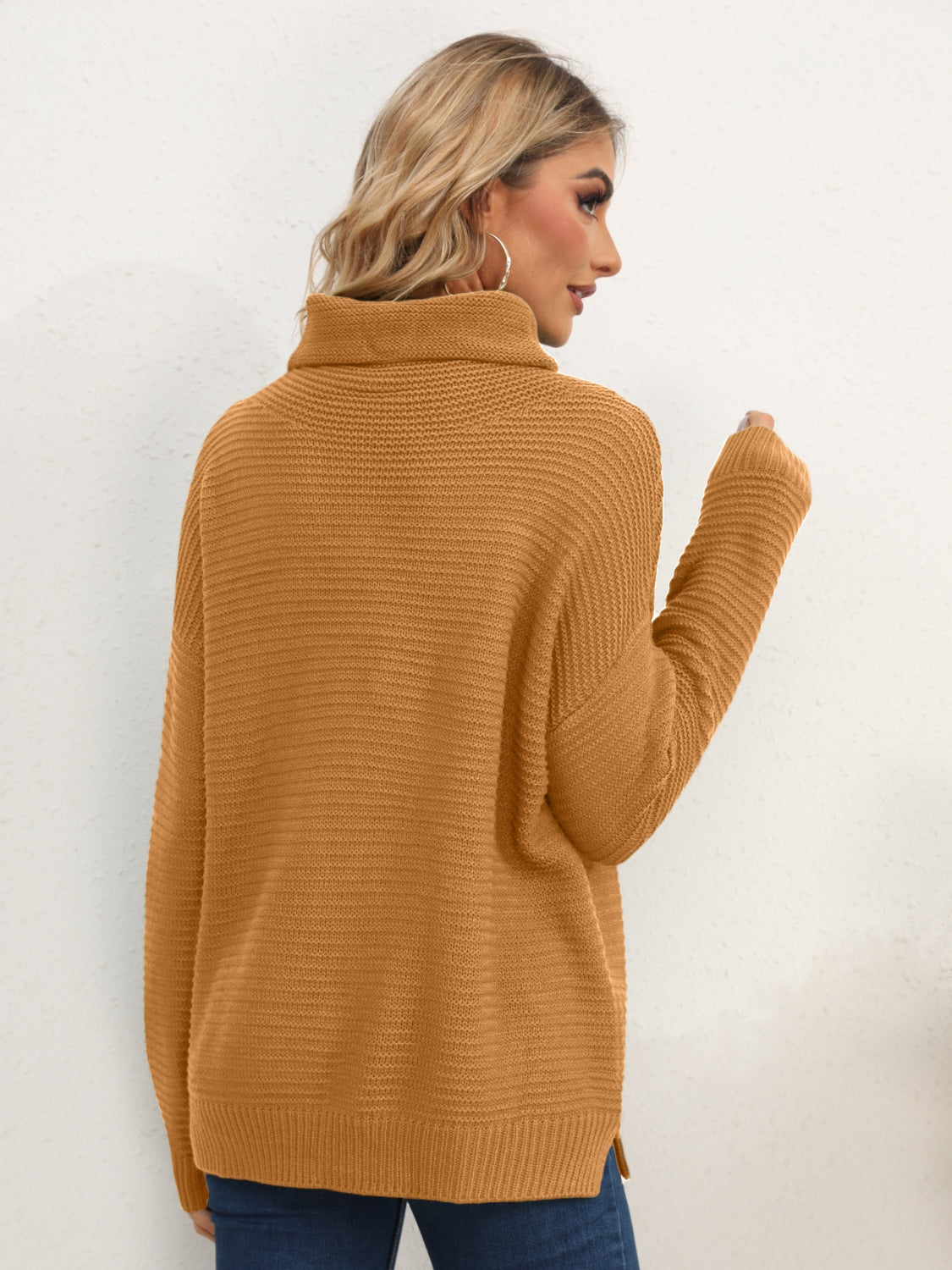 Slit Turtleneck Dropped Shoulder Sweater - The Boutie Shop