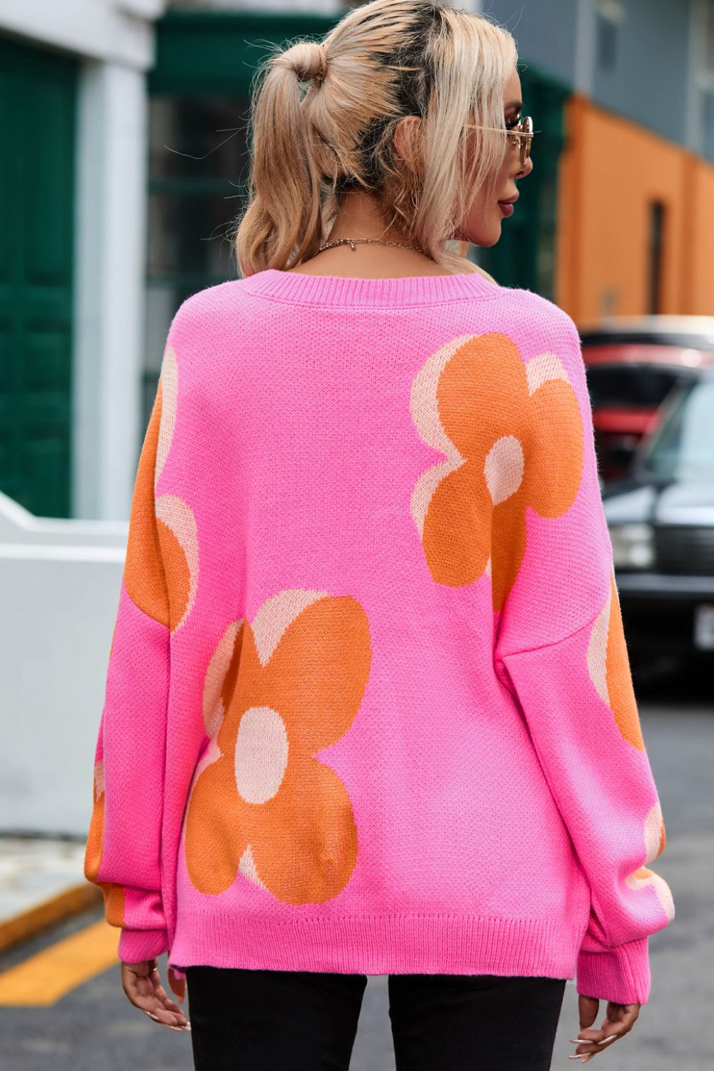 Flower Round Neck Dropped Shoulder Sweater - The Boutie Shop