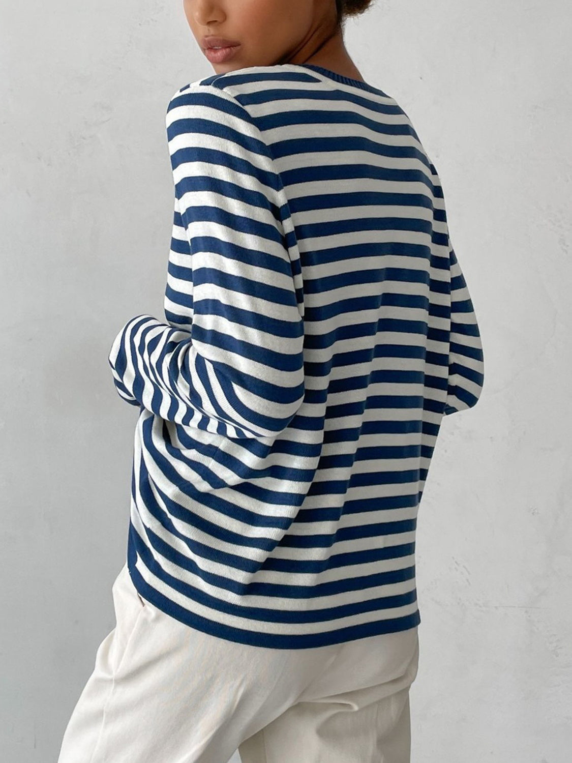 Striped Round Neck Long Sleeve Sweater - The Boutie Shop