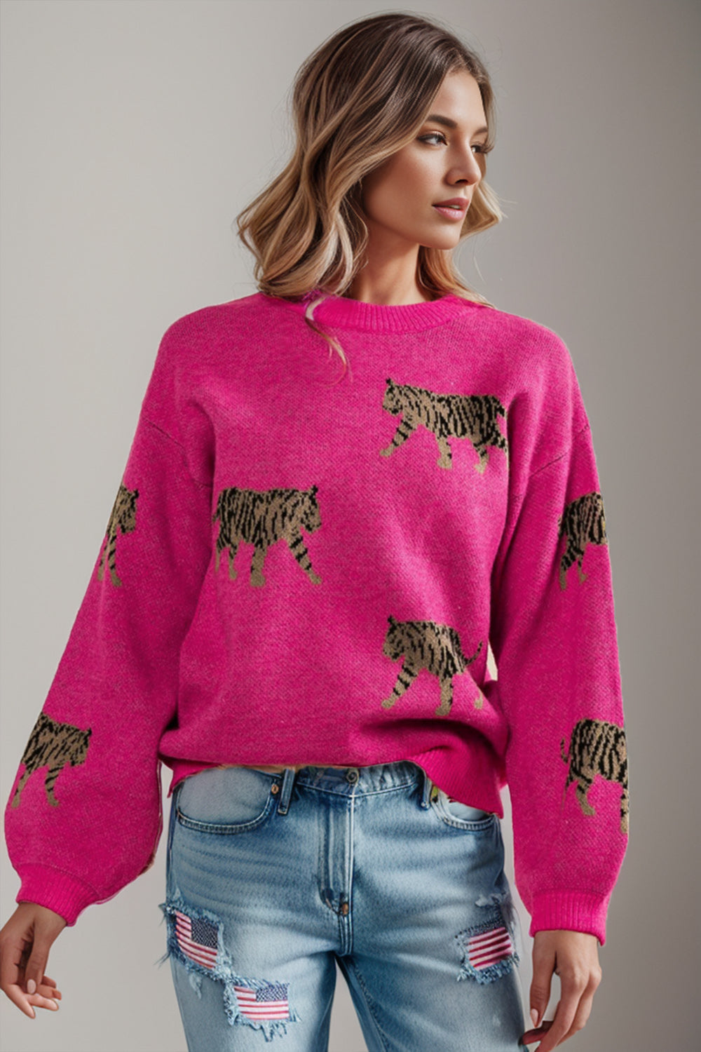 Tiger Pattern Round Neck Drop Shoulder Sweater - The Boutie Shop