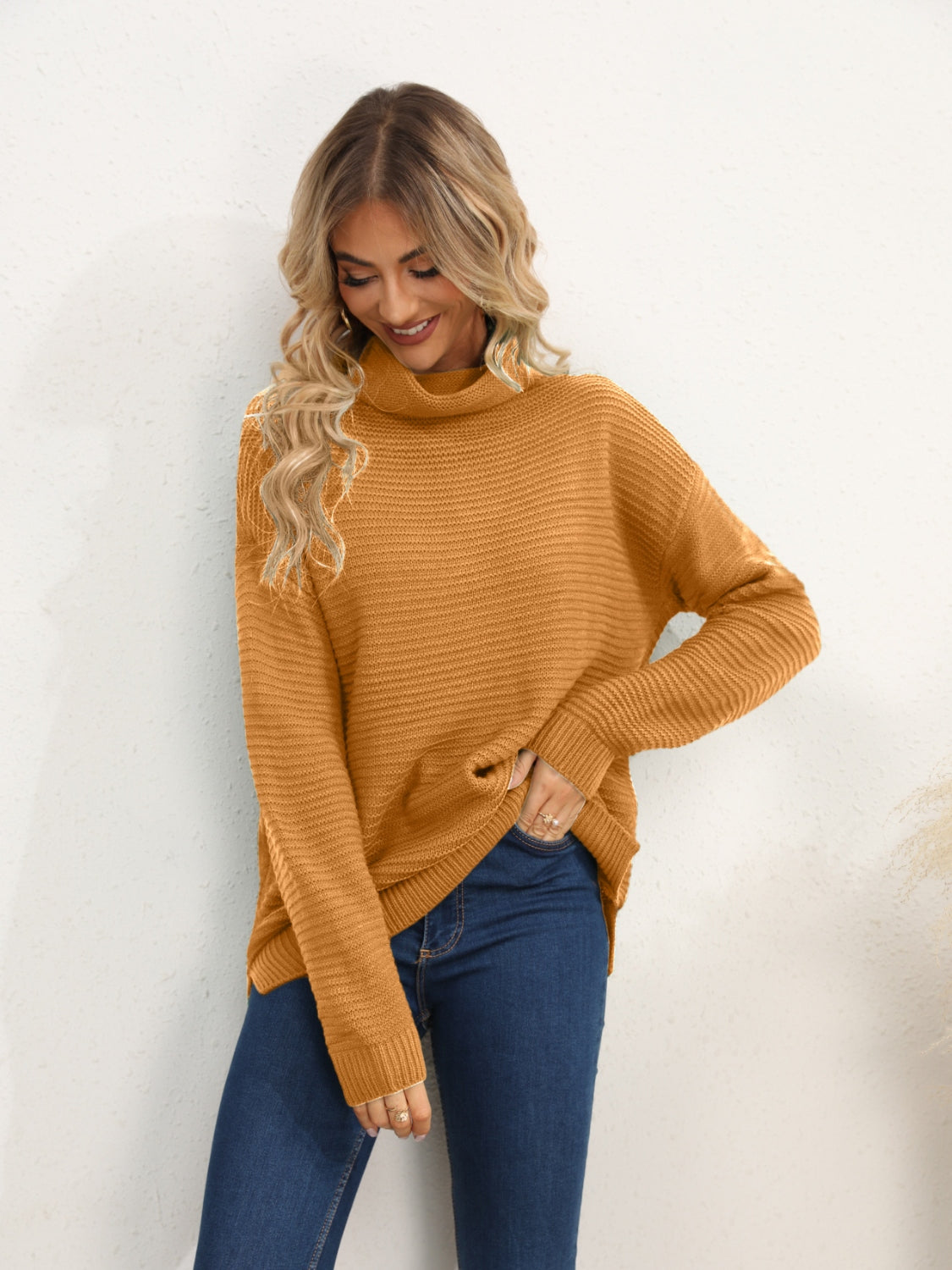 Slit Turtleneck Dropped Shoulder Sweater - The Boutie Shop