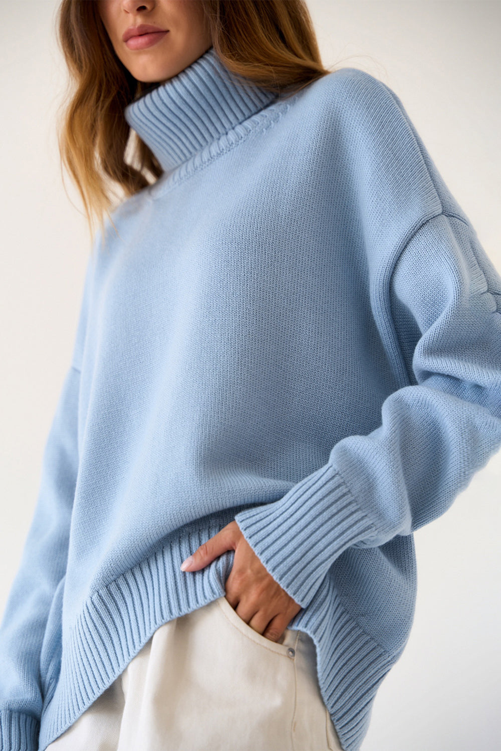 Turtle Neck Dropped Shoulder Sweater - The Boutie Shop