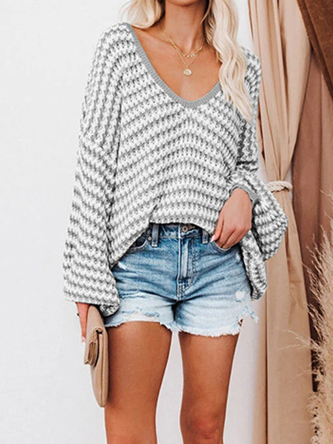 Striped Drop Shoulder V-Neck Sweater - The Boutie Shop