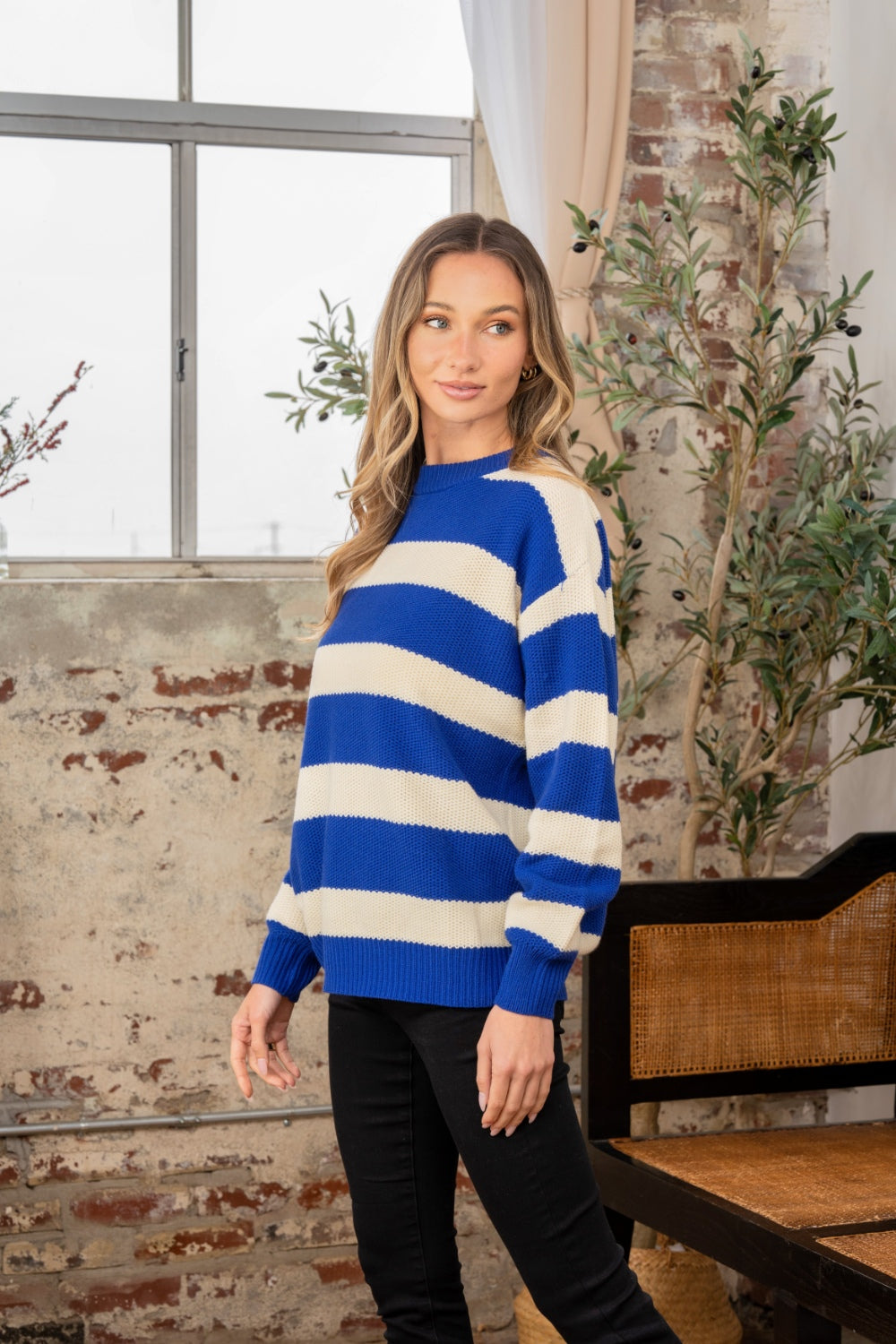 Sew In Love Full Size Contrast Striped Round Neck Sweater - The Boutie Shop