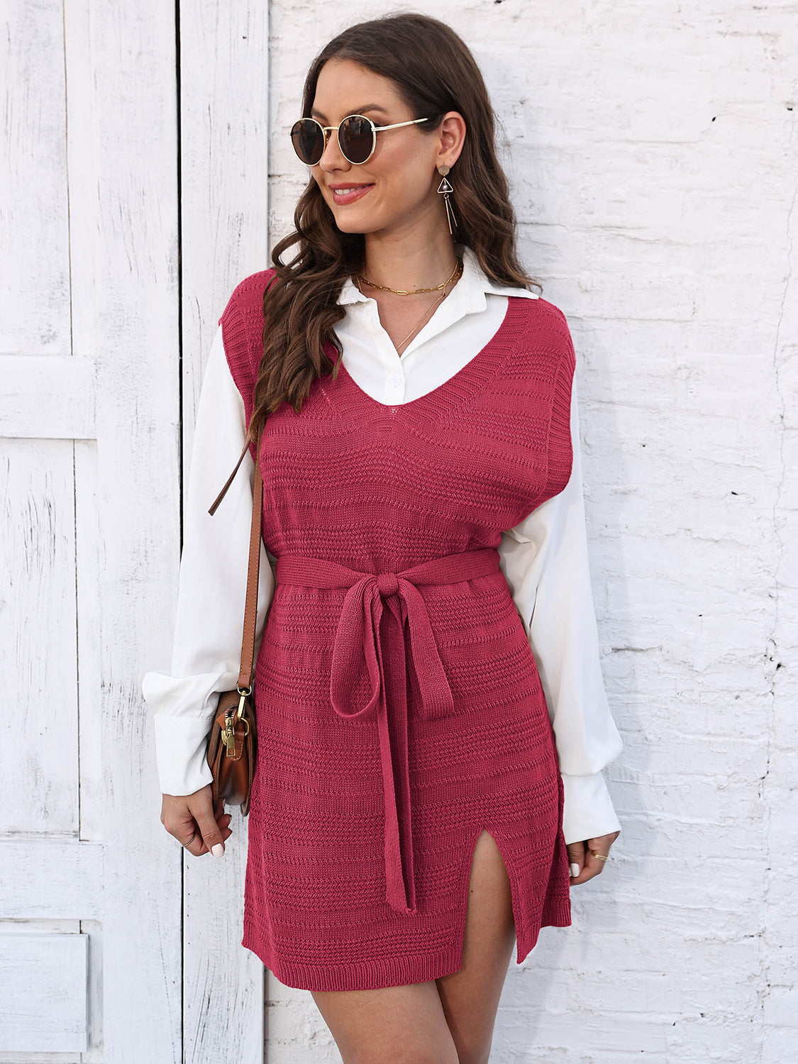 Tie Front V-Neck Sleeveless Slit Sweater Dress - The Boutie Shop