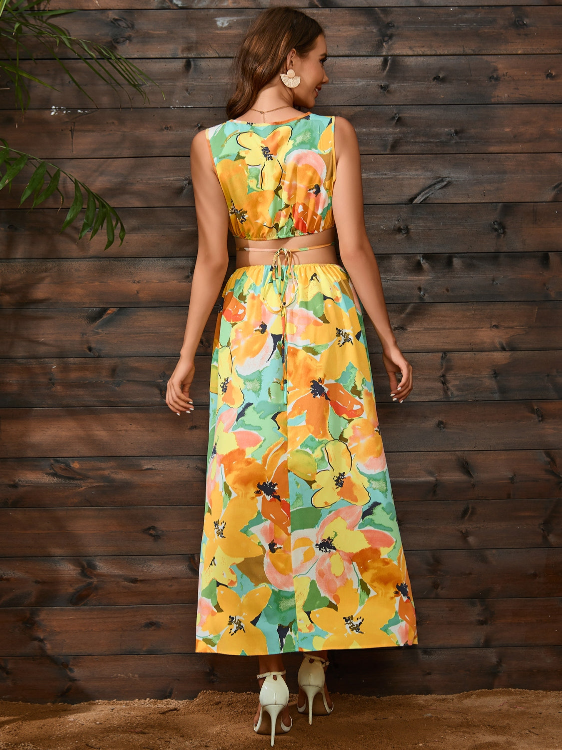 Cutout Floral Round Neck Sleeveless Dress - The Boutie Shop