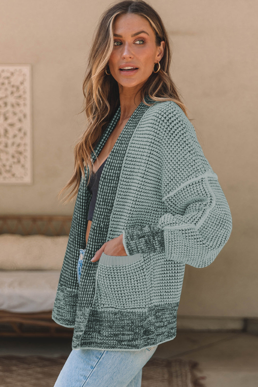 Waffle-knit Pocketed Open Front Cardigan - The Boutie Shop