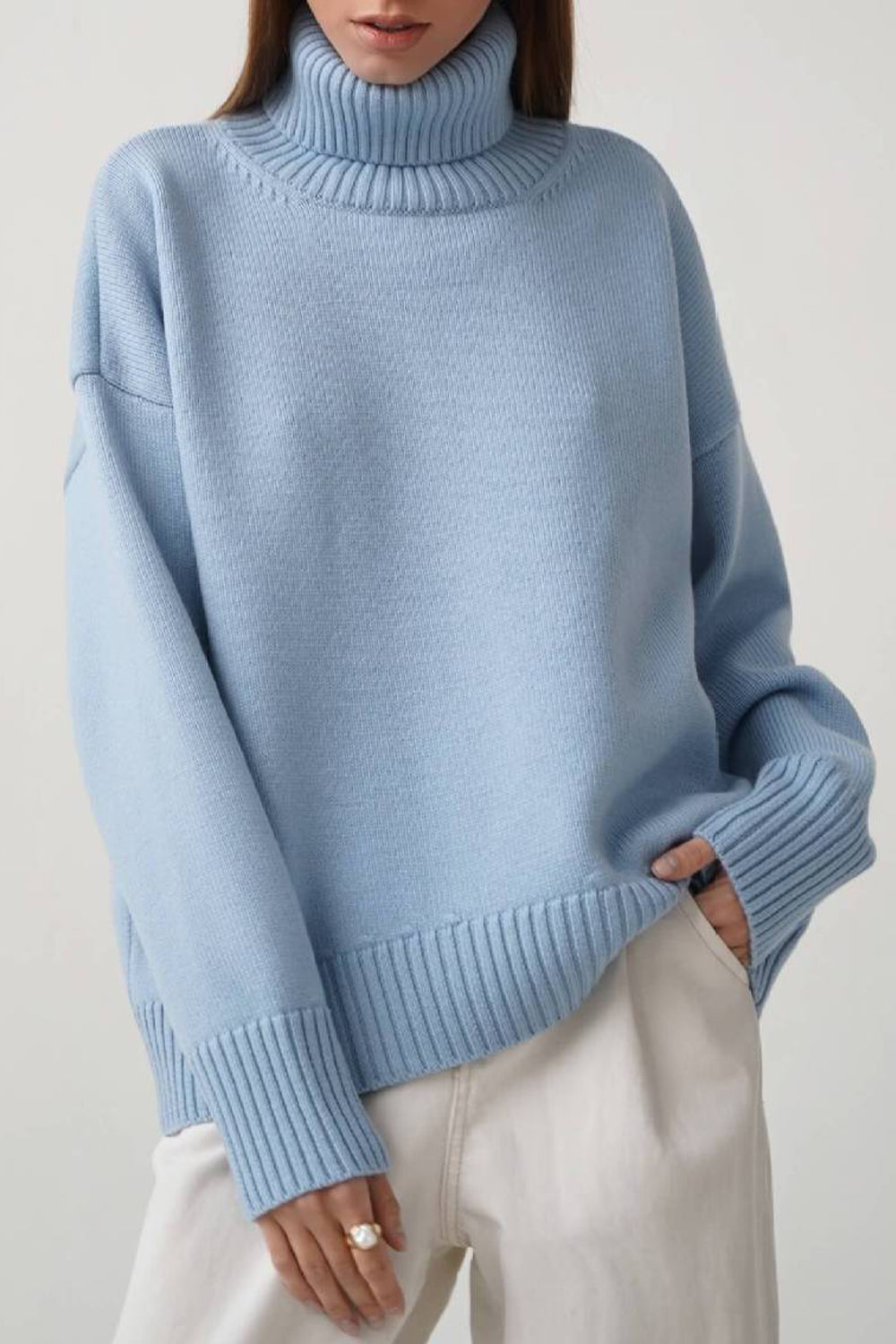 Turtle Neck Dropped Shoulder Sweater - The Boutie Shop