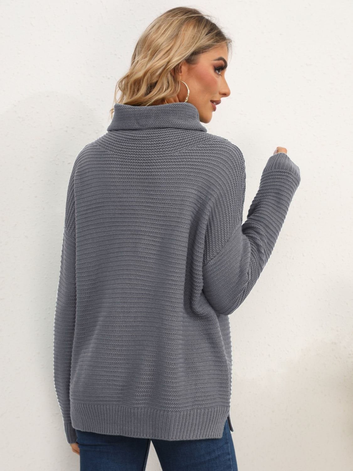 Slit Turtleneck Dropped Shoulder Sweater - The Boutie Shop