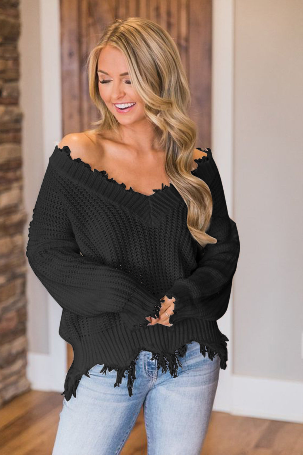 Frayed Hem Dropped Shoulder Sweater - The Boutie Shop