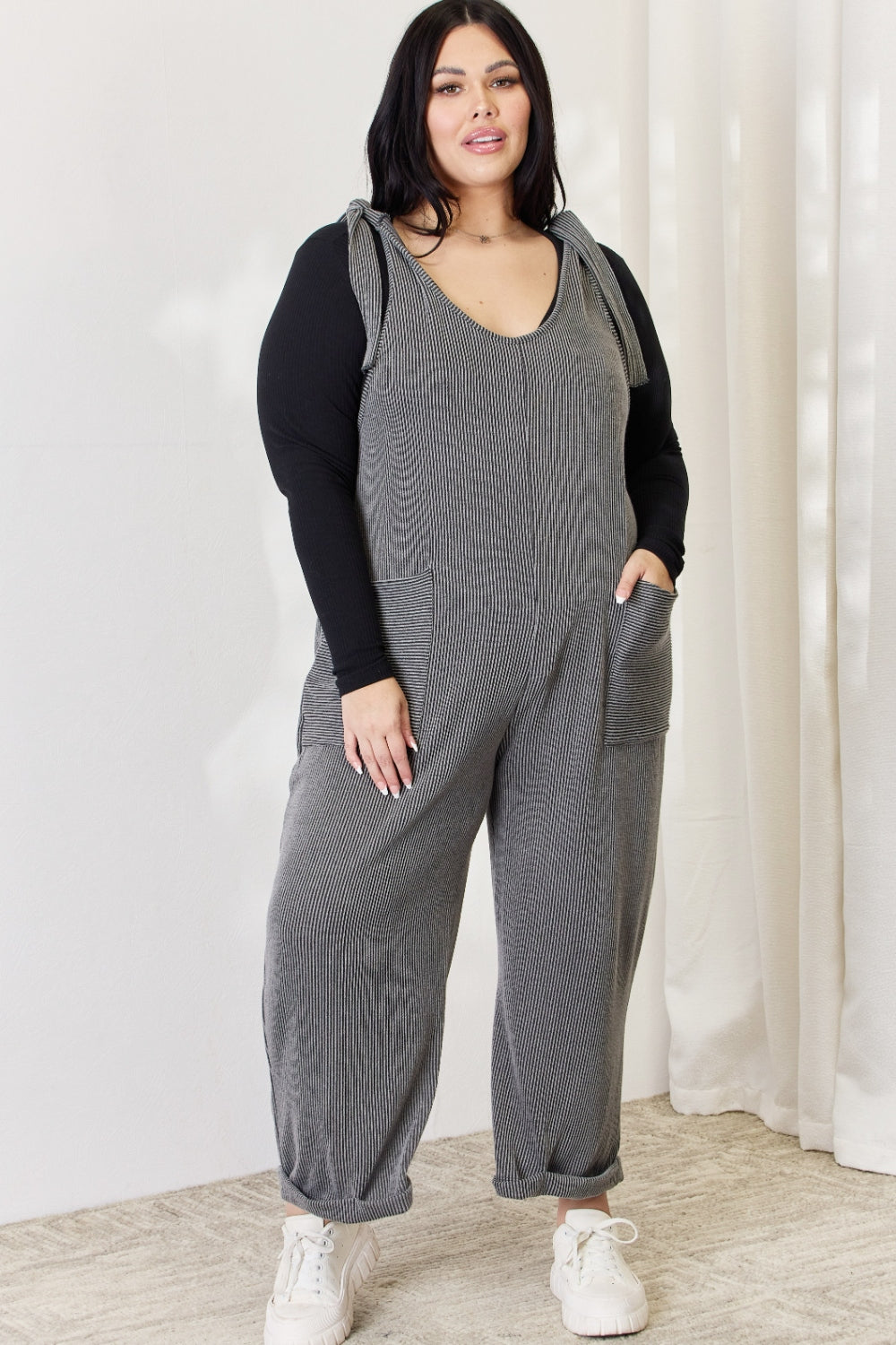 Celeste Full Size Ribbed Tie Shoulder Sleeveless Ankle Overalls - The Boutie Shop