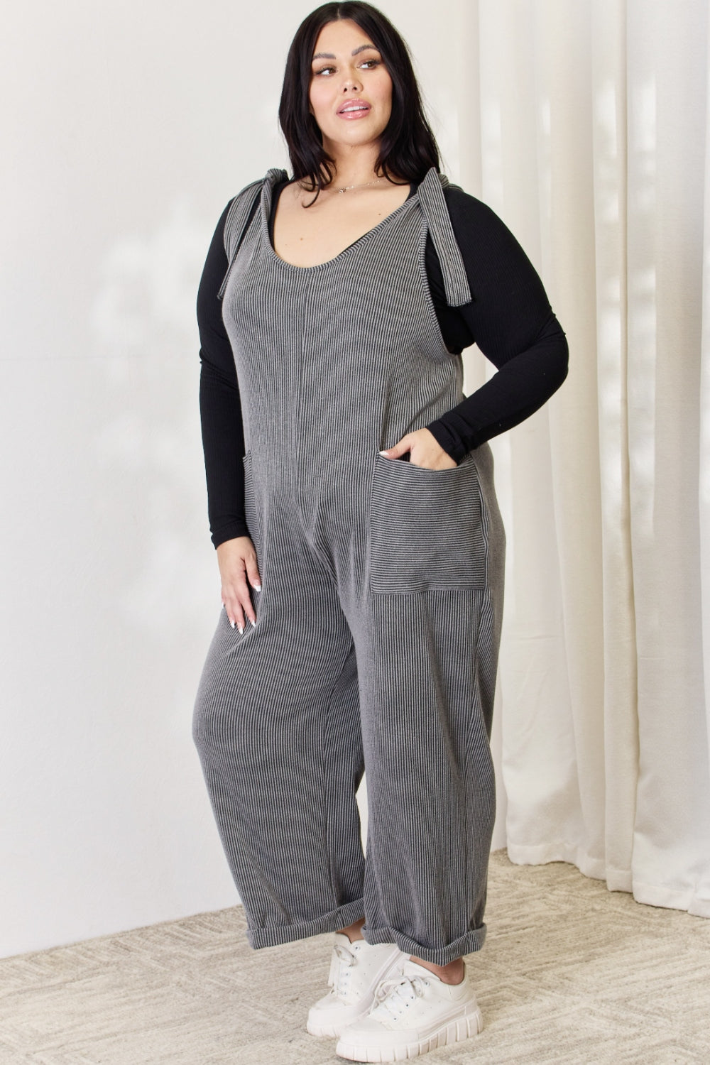 Celeste Full Size Ribbed Tie Shoulder Sleeveless Ankle Overalls - The Boutie Shop