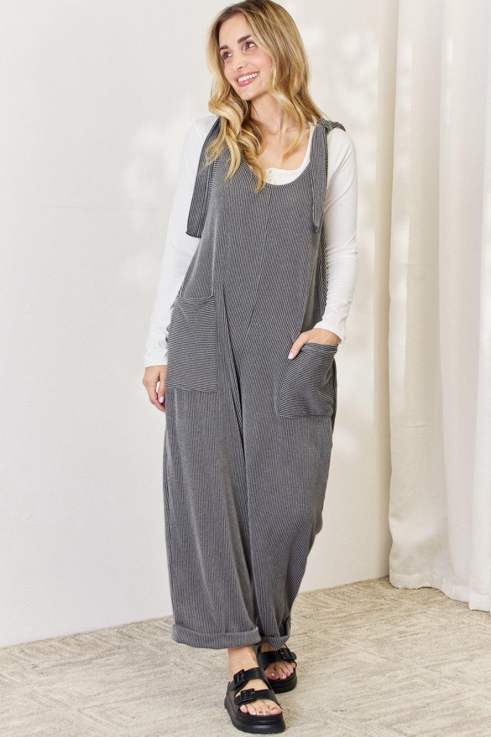 Celeste Full Size Ribbed Tie Shoulder Sleeveless Ankle Overalls - The Boutie Shop
