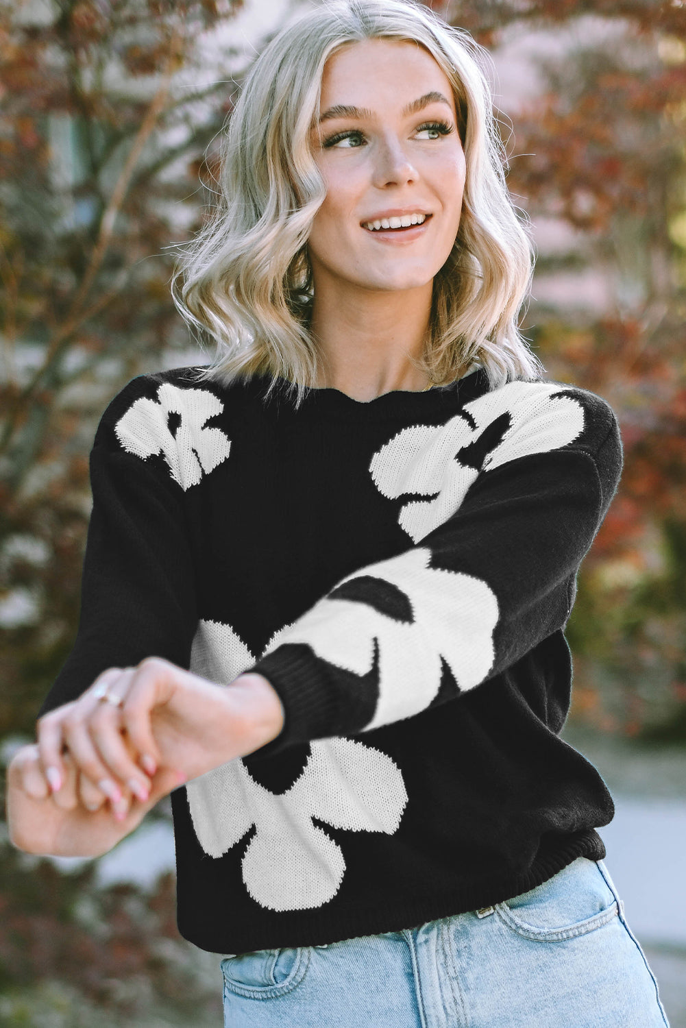 Round Neck Floral Pattern Color Contrast Design Long Sleeve Sweater - The Boutie Shop