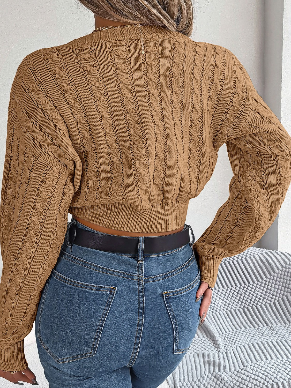 Twisted Cable-Knit V-Neck Sweater - The Boutie Shop