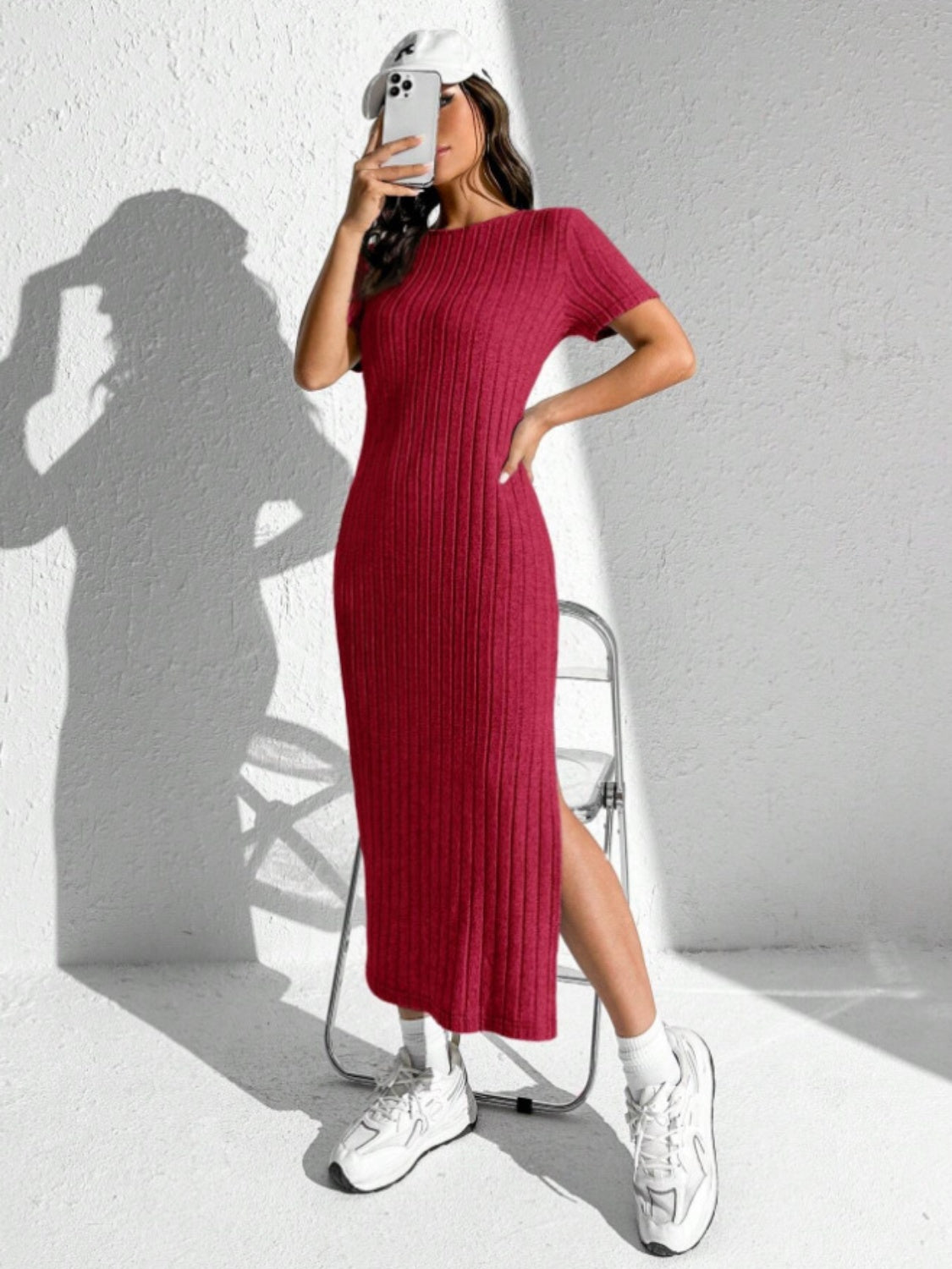 Slit Round Neck Short Sleeve Sweater Dress - The Boutie Shop